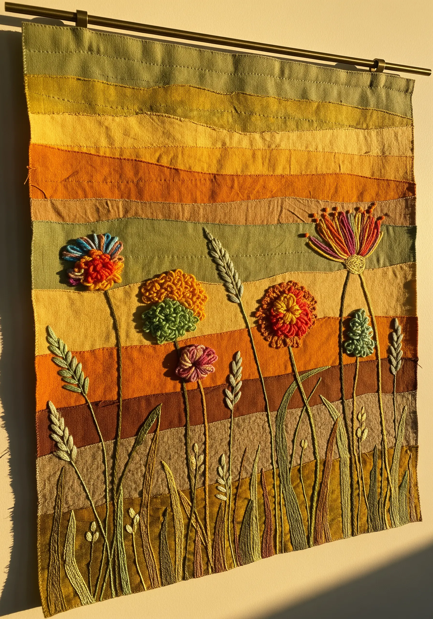 Textural embroidered wildflowers on a background of layered, warm-toned fabric strips.