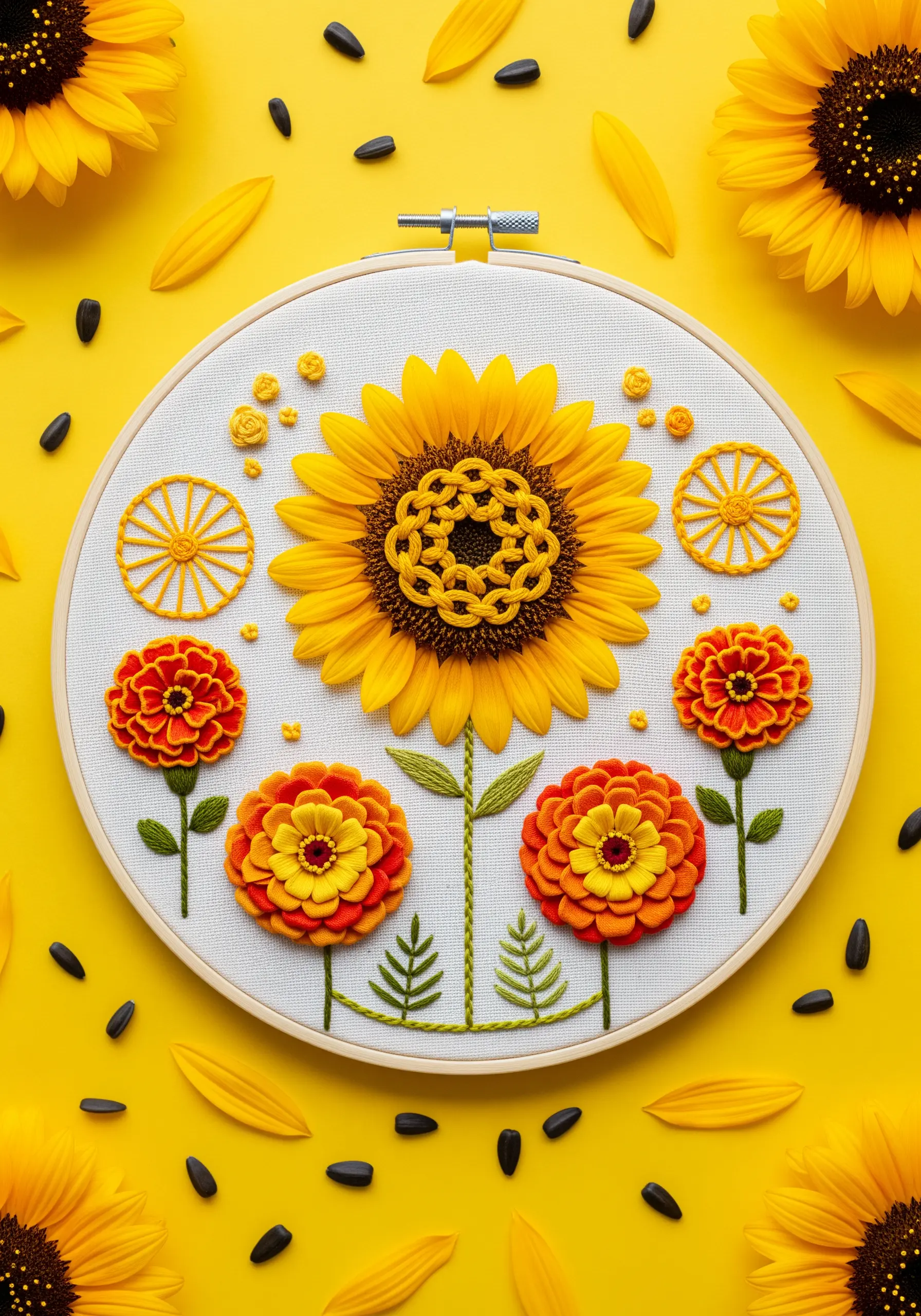 A vibrant embroidery of a sunflower and zinnias with highly textured, layered stitches.