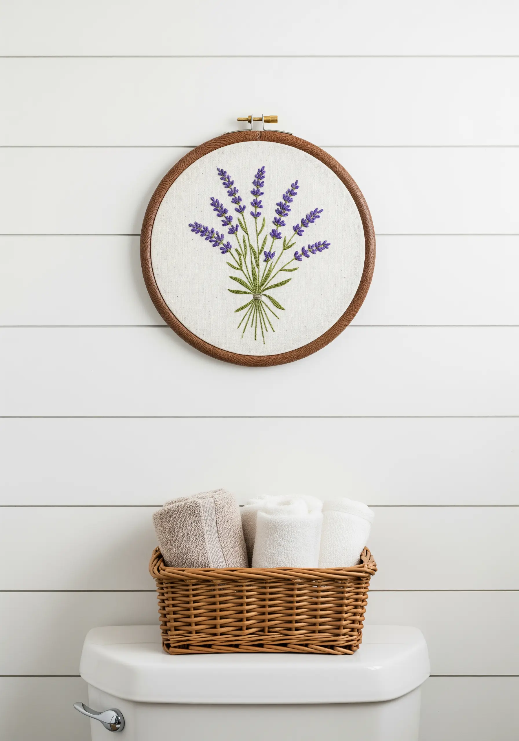 A simple embroidery of a lavender bouquet with textured purple flowers.