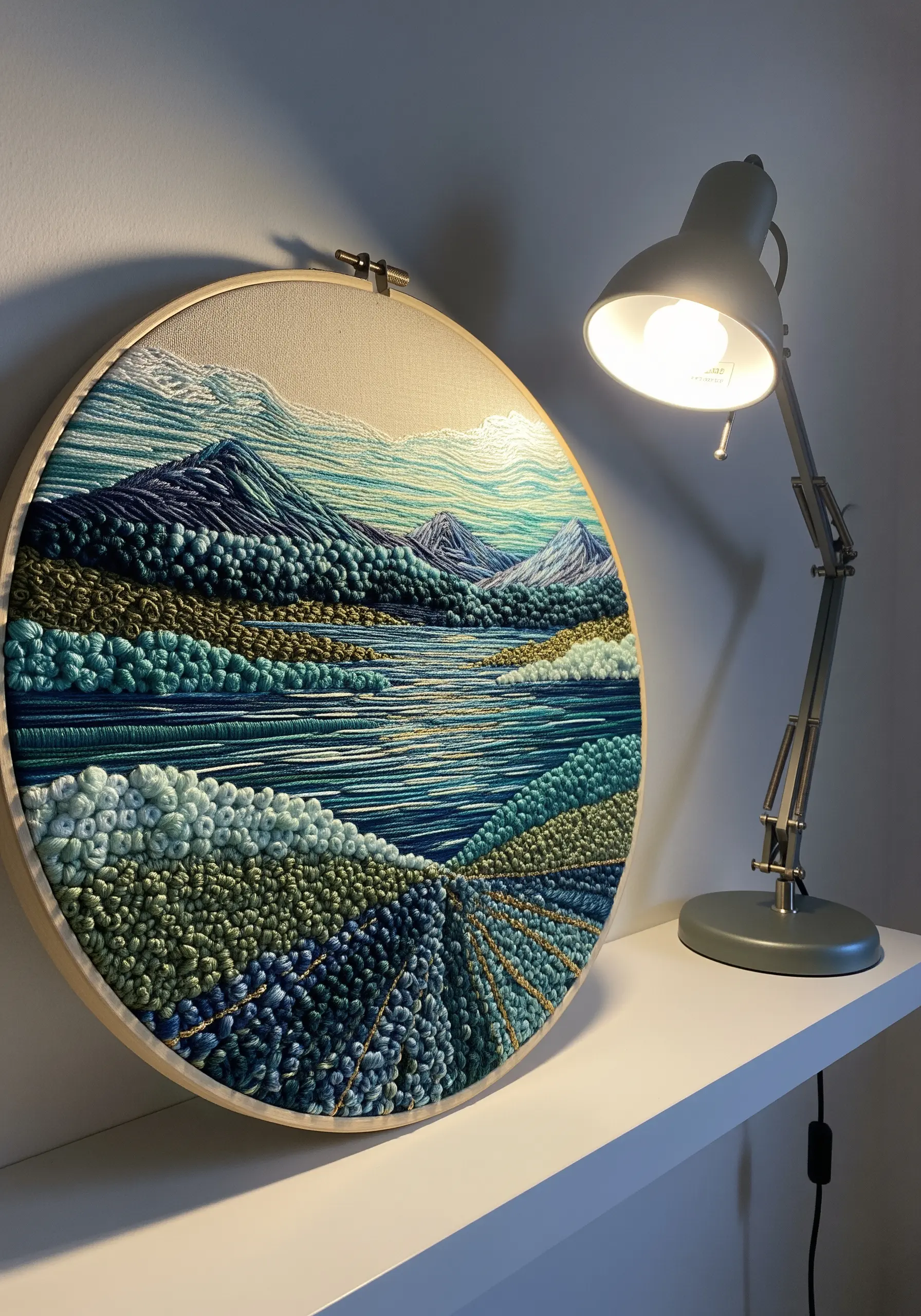 Detailed landscape embroidery in a hoop, with textured mountains and water.