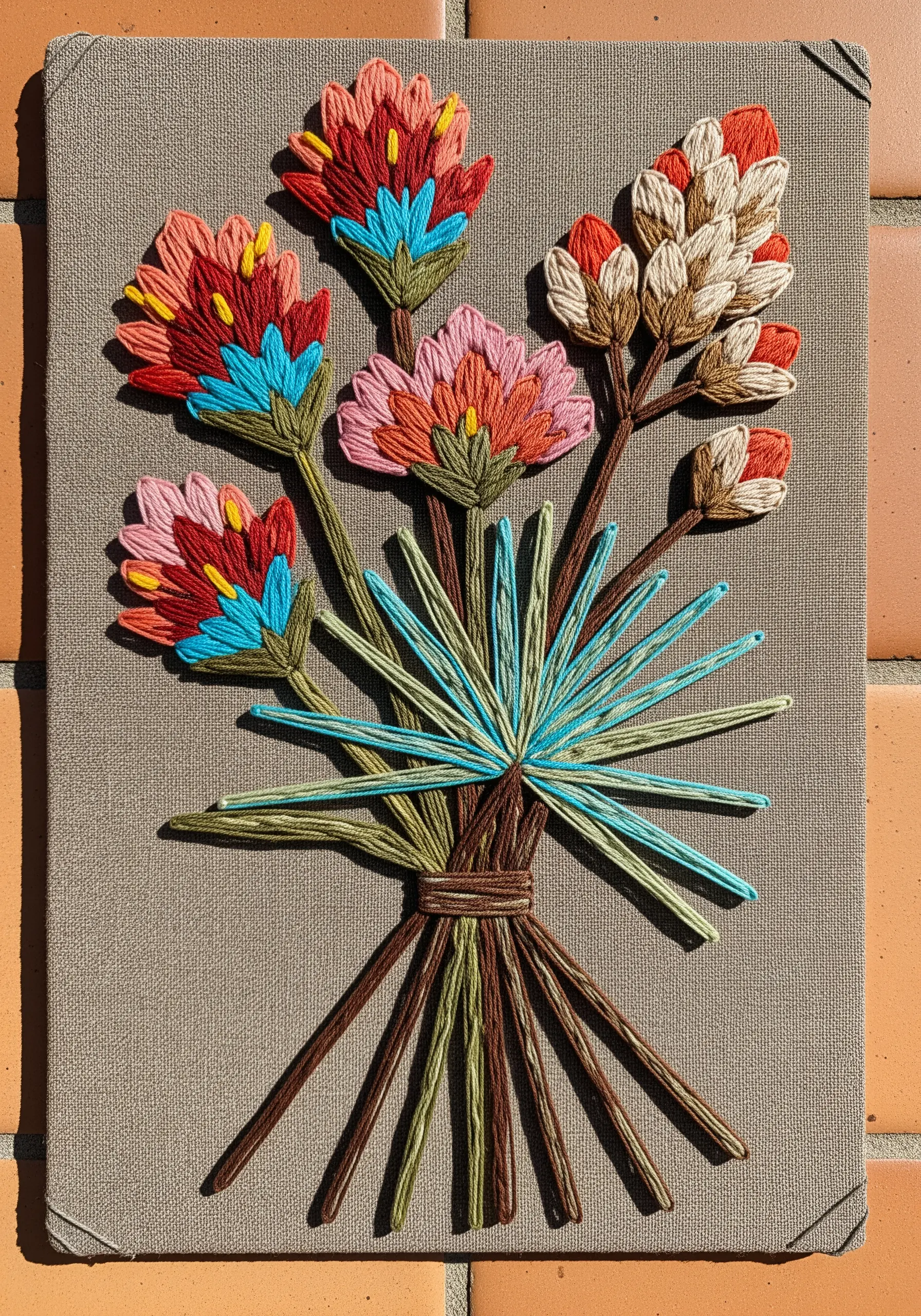 A stylized embroidered bouquet of Indian paintbrush flowers with spiky blue-green leaves.