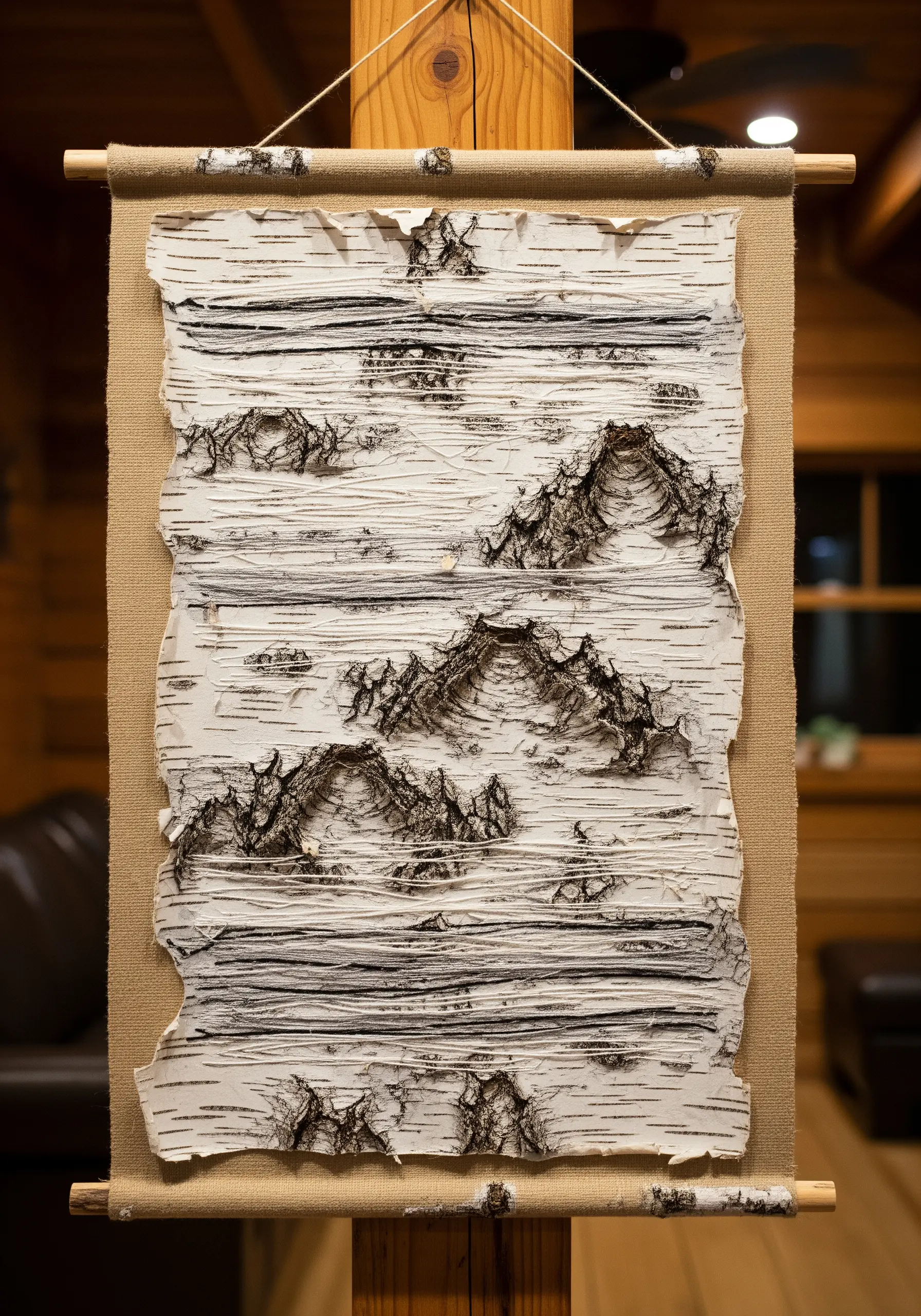 A wall hanging made from layered white fabric strips stitched with black thread to resemble birch bark.