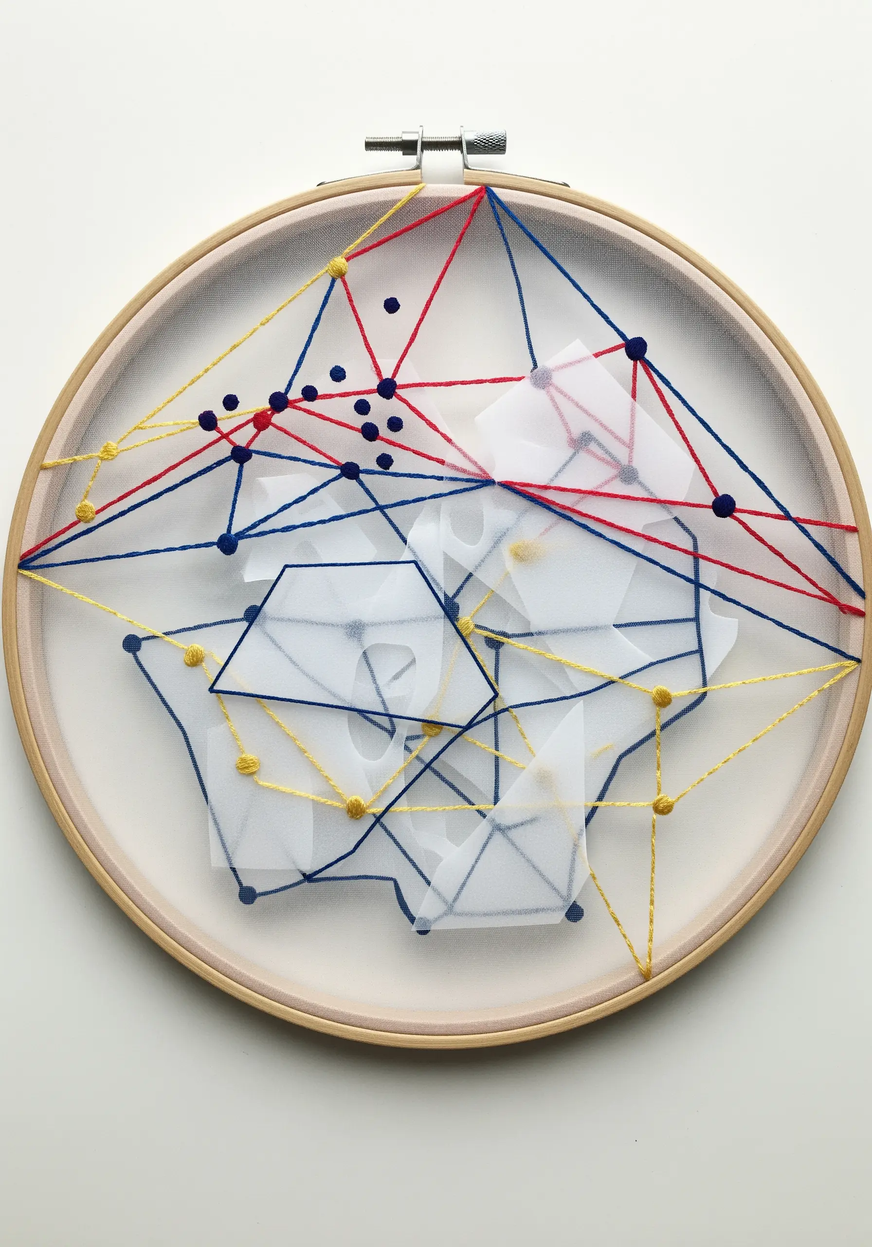 Abstract geometric string art with primary colors over translucent vellum shapes on sheer fabric.