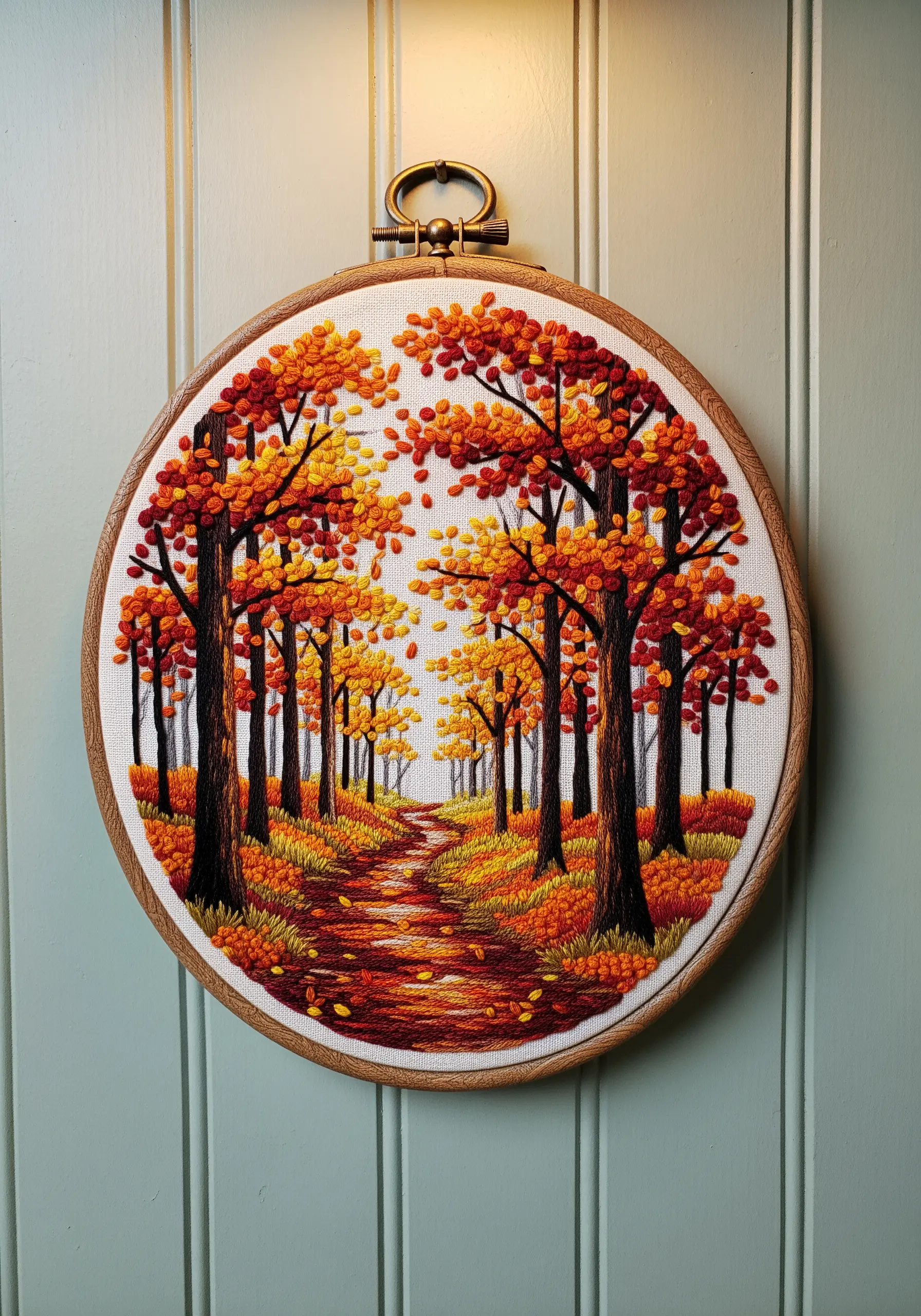 Autumn forest embroidery in a round wooden hoop