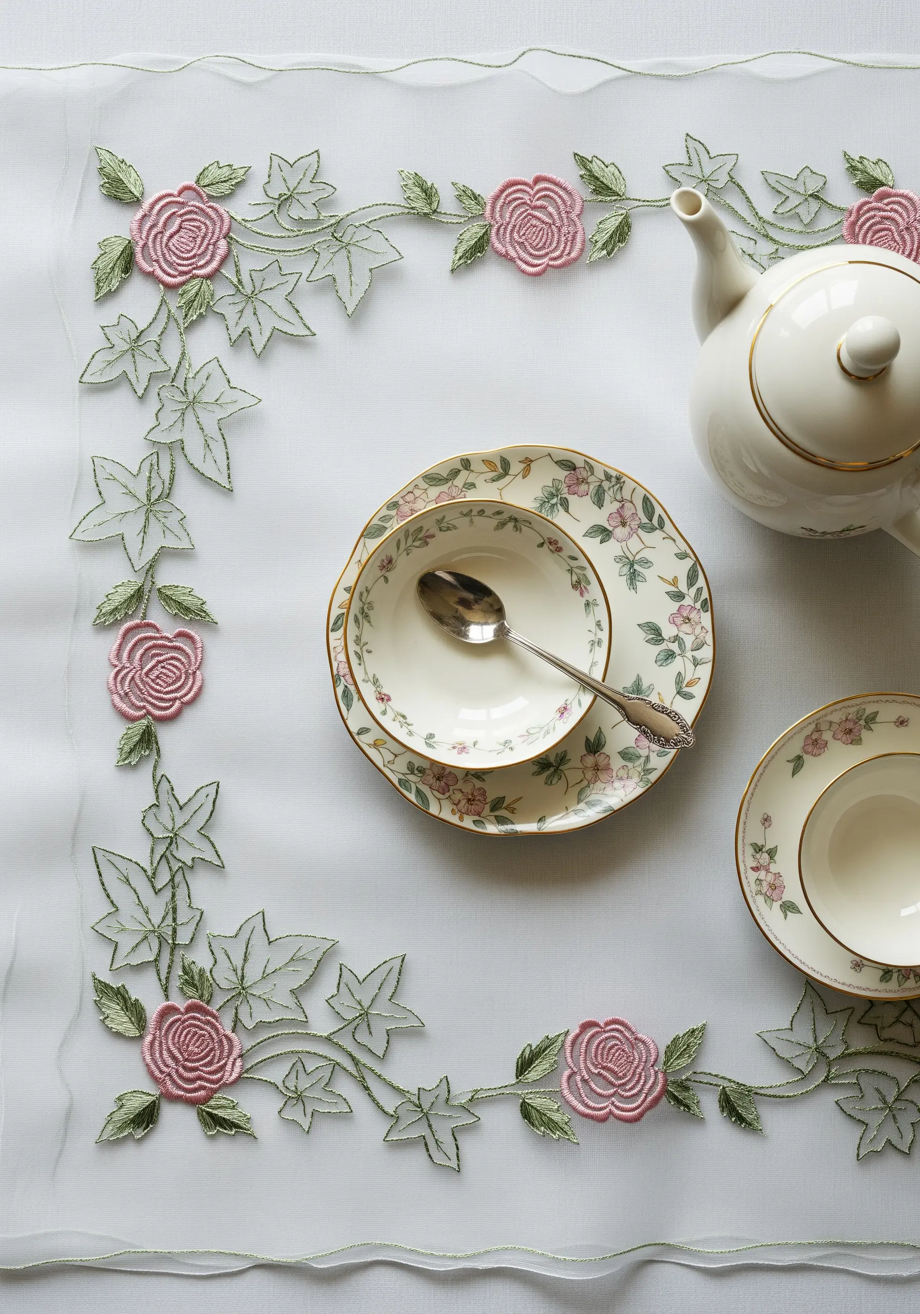 A sheer tablecloth overlay embroidered with a corner design of pink roses and green ivy.