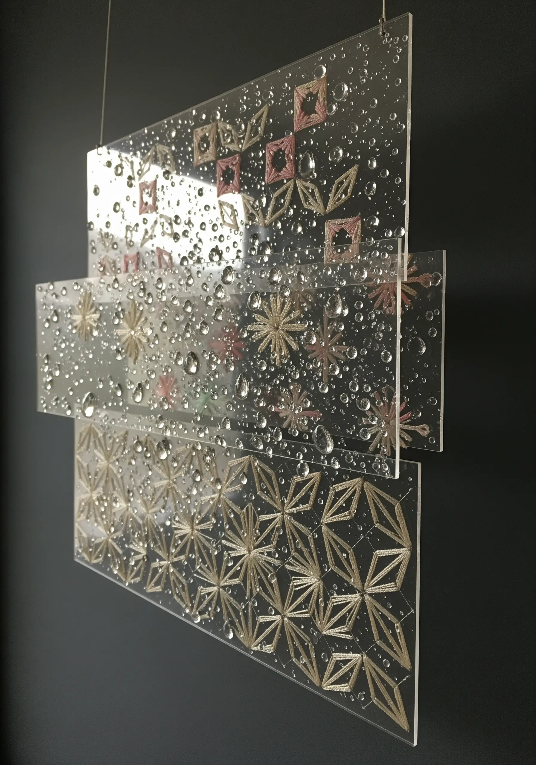 Embroidered geometric patterns on layered acrylic sheets with clear resin droplets.