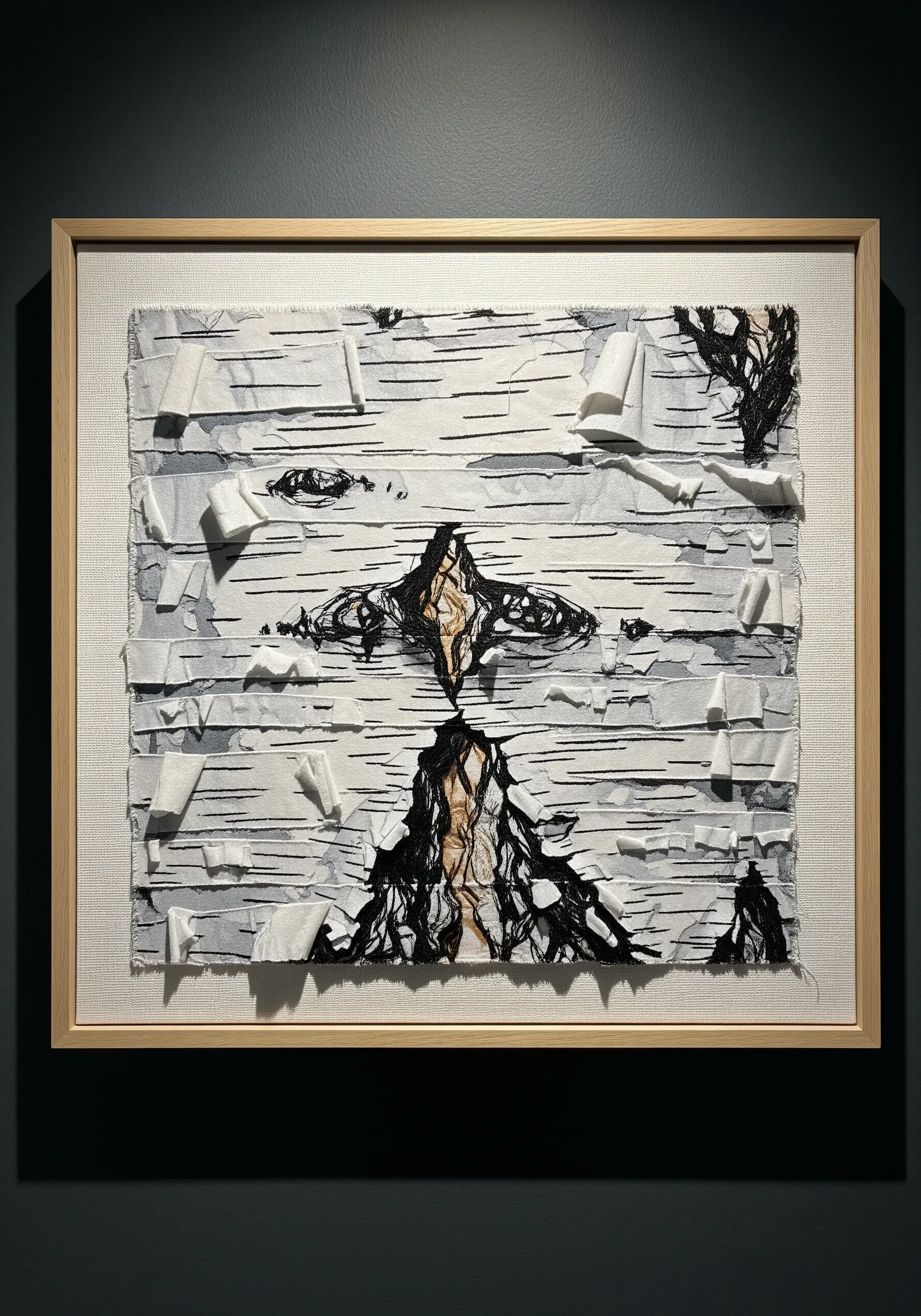 Framed textile art of birch bark, made from layered white fabric strips and black thread details.