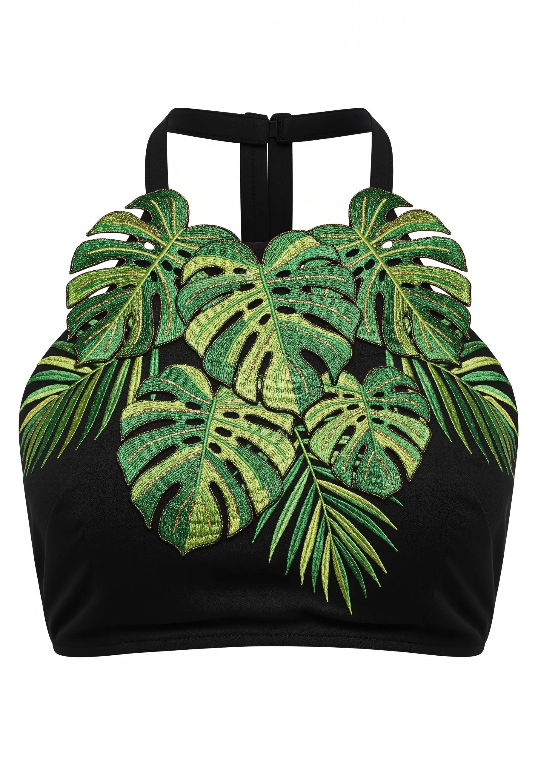 Appliqué monstera leaves with green and gold glitter embroidery on a black halter top.