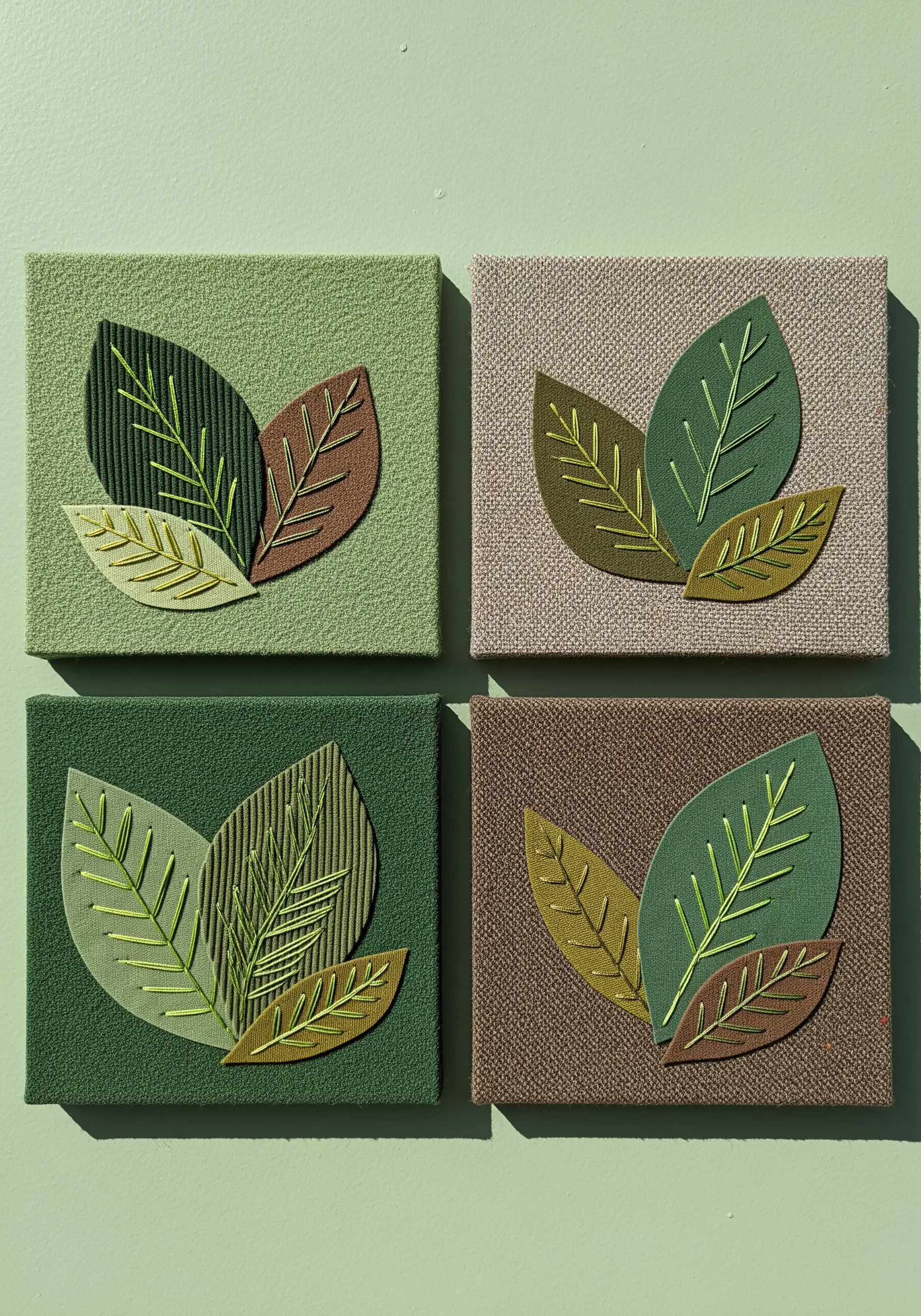 Four small square canvases, each with layered fabric leaves and simple stitched veins.