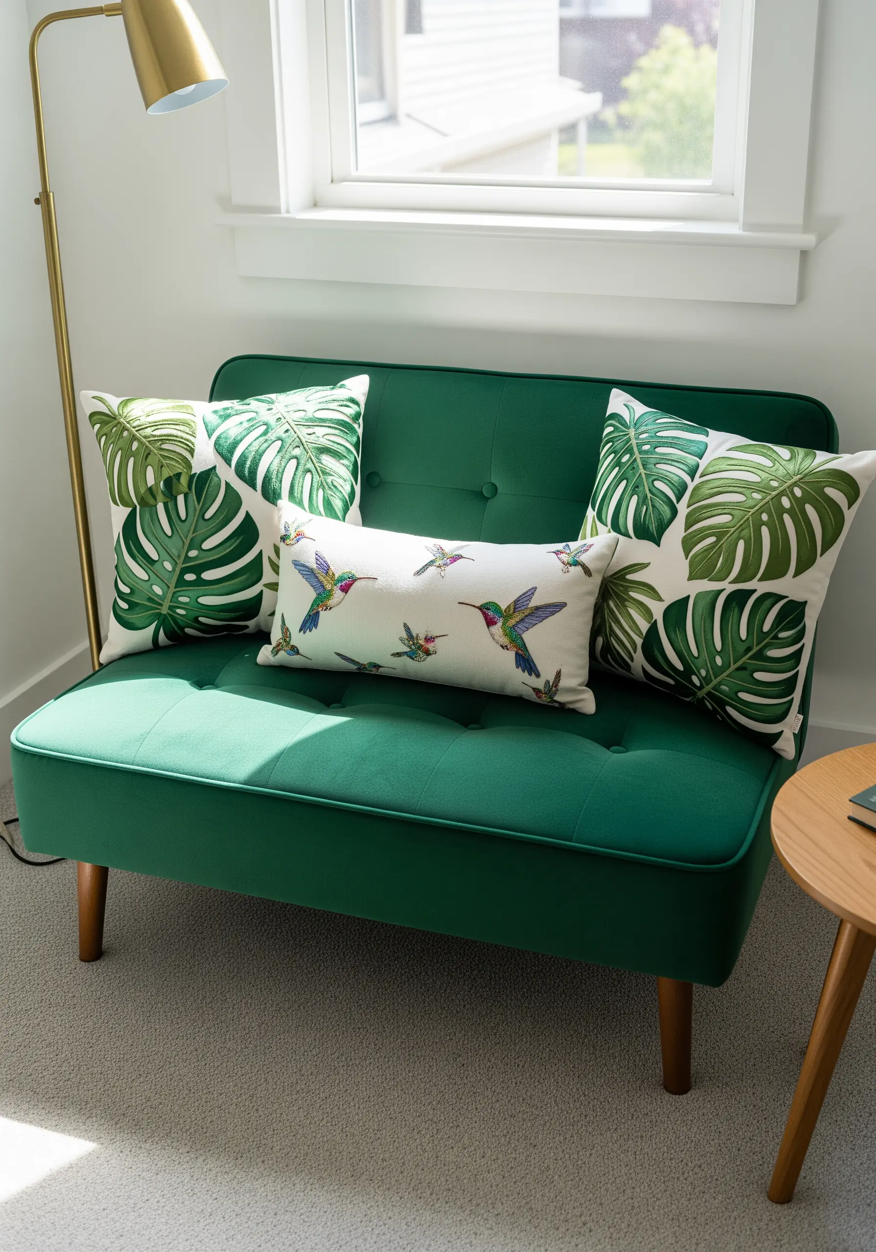 Embroidered monstera leaves and hummingbirds on cushions on a small green sofa.