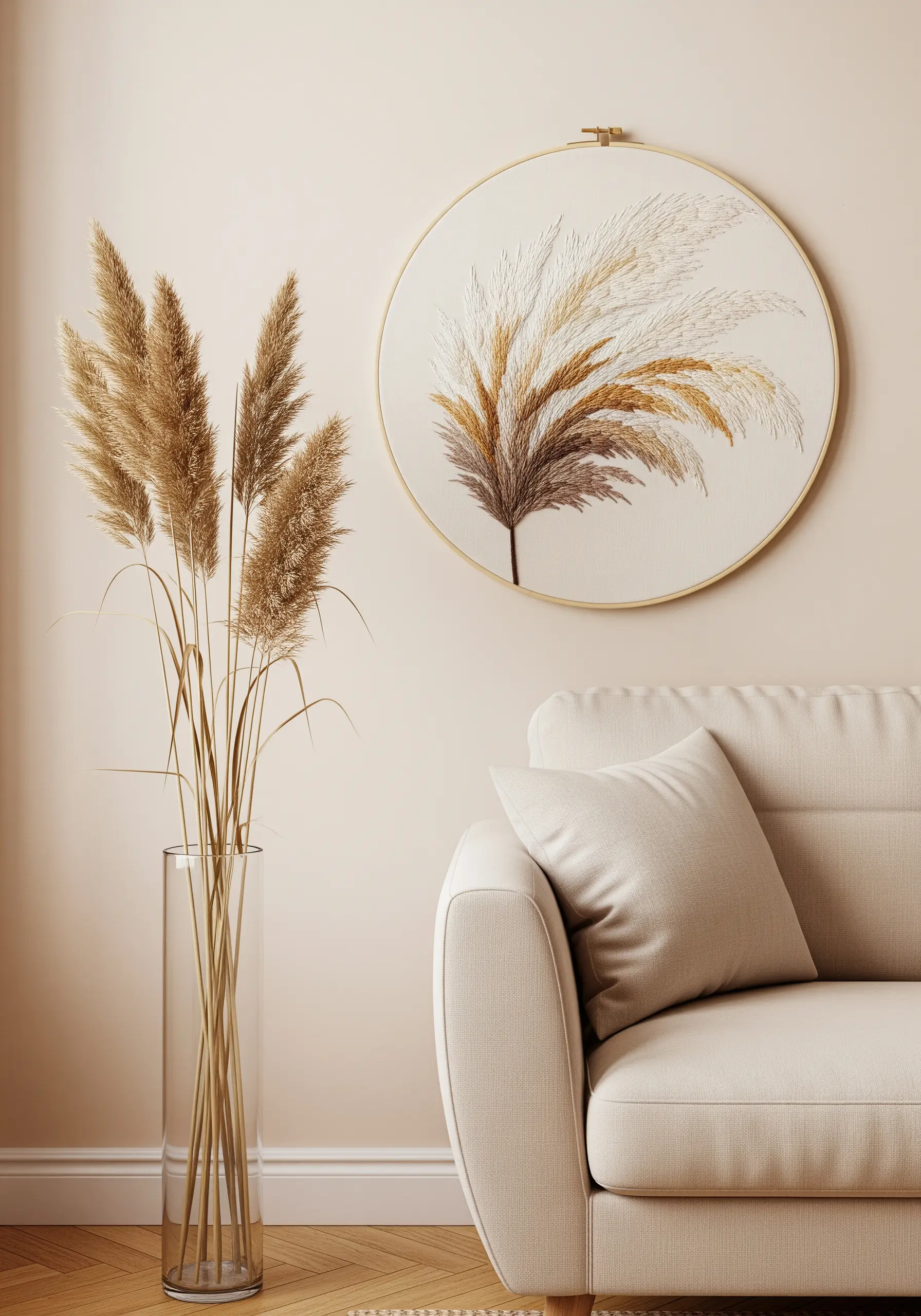 Embroidery hoop art of pampas grass with blended brown, gold, and beige threads.