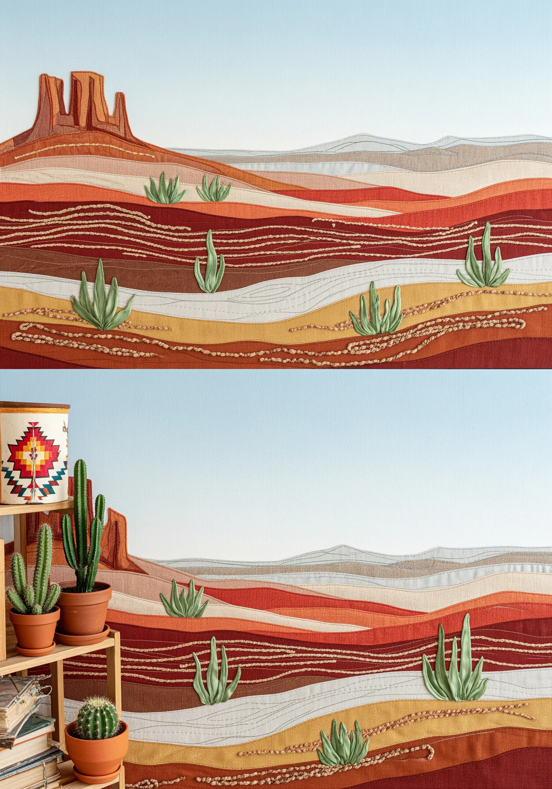 A large textile wall hanging of a desert landscape made with layered, earth-toned fabrics.