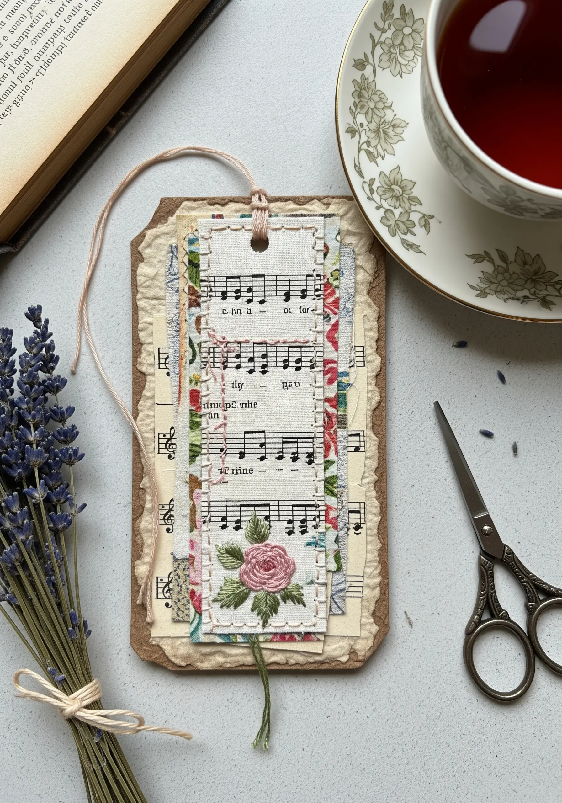 Embroidered rose on fabric, layered over sheet music for a vintage mixed-media bookmark.