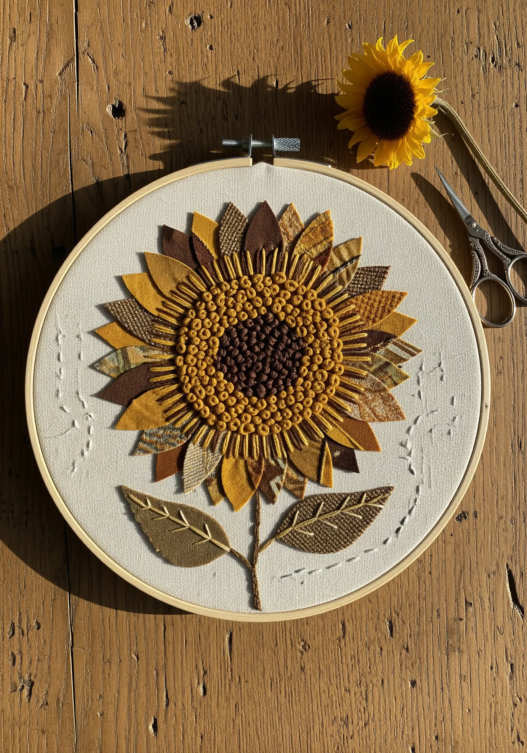 Embroidery hoop art of a sunflower with collaged fabric petals and stitched center.
