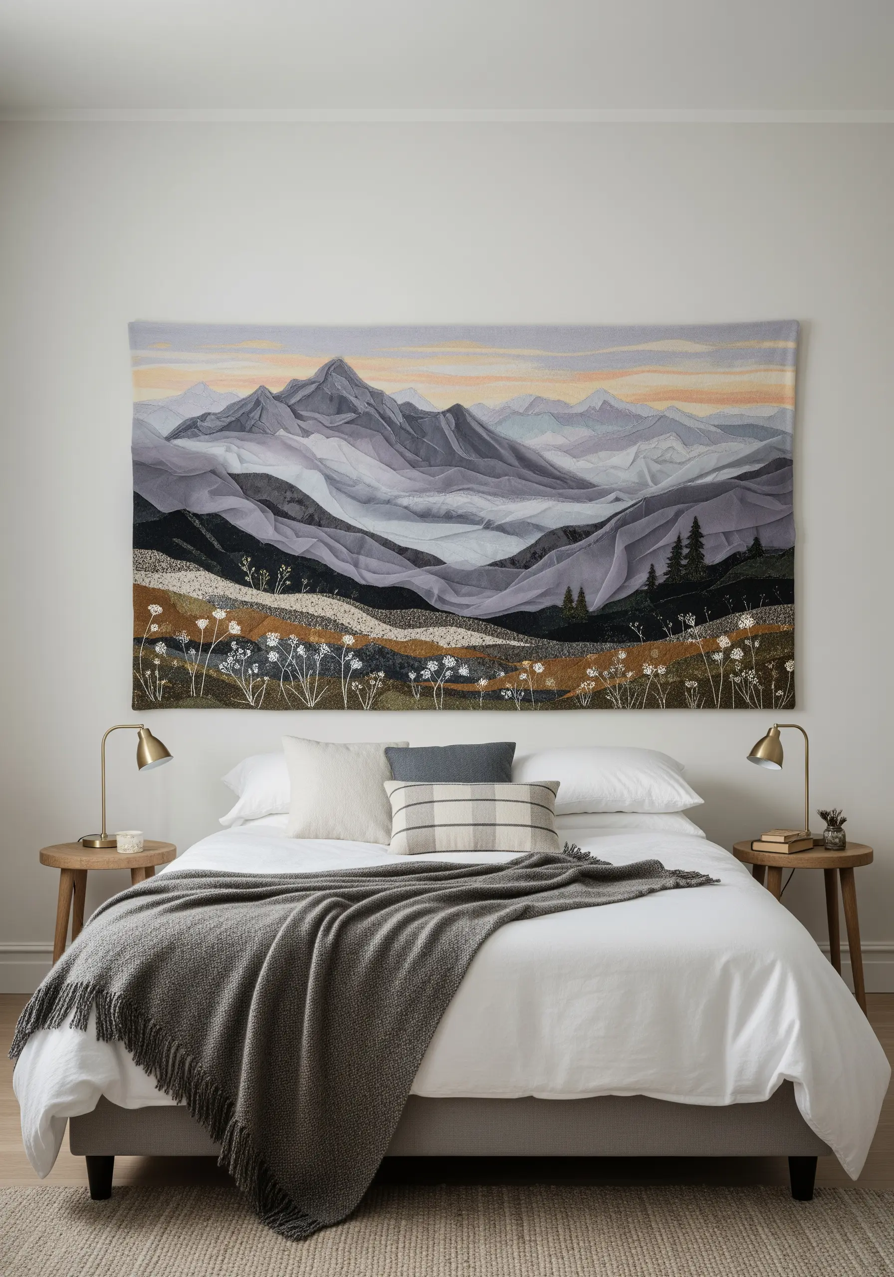 Large fabric appliqué wall tapestry of a mountain range with embroidered wildflowers.