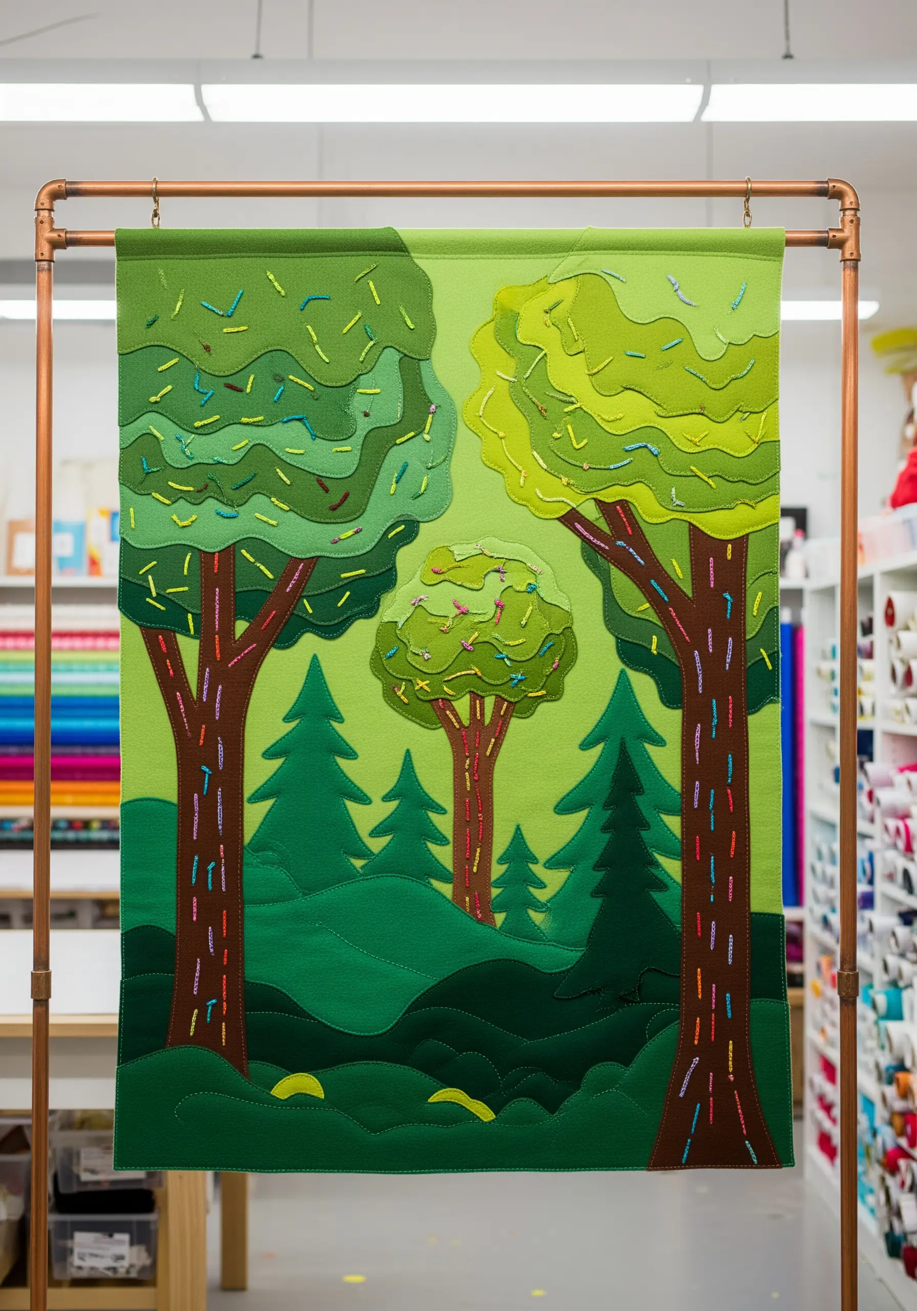 Green felt wall hanging depicting a forest with stitched details