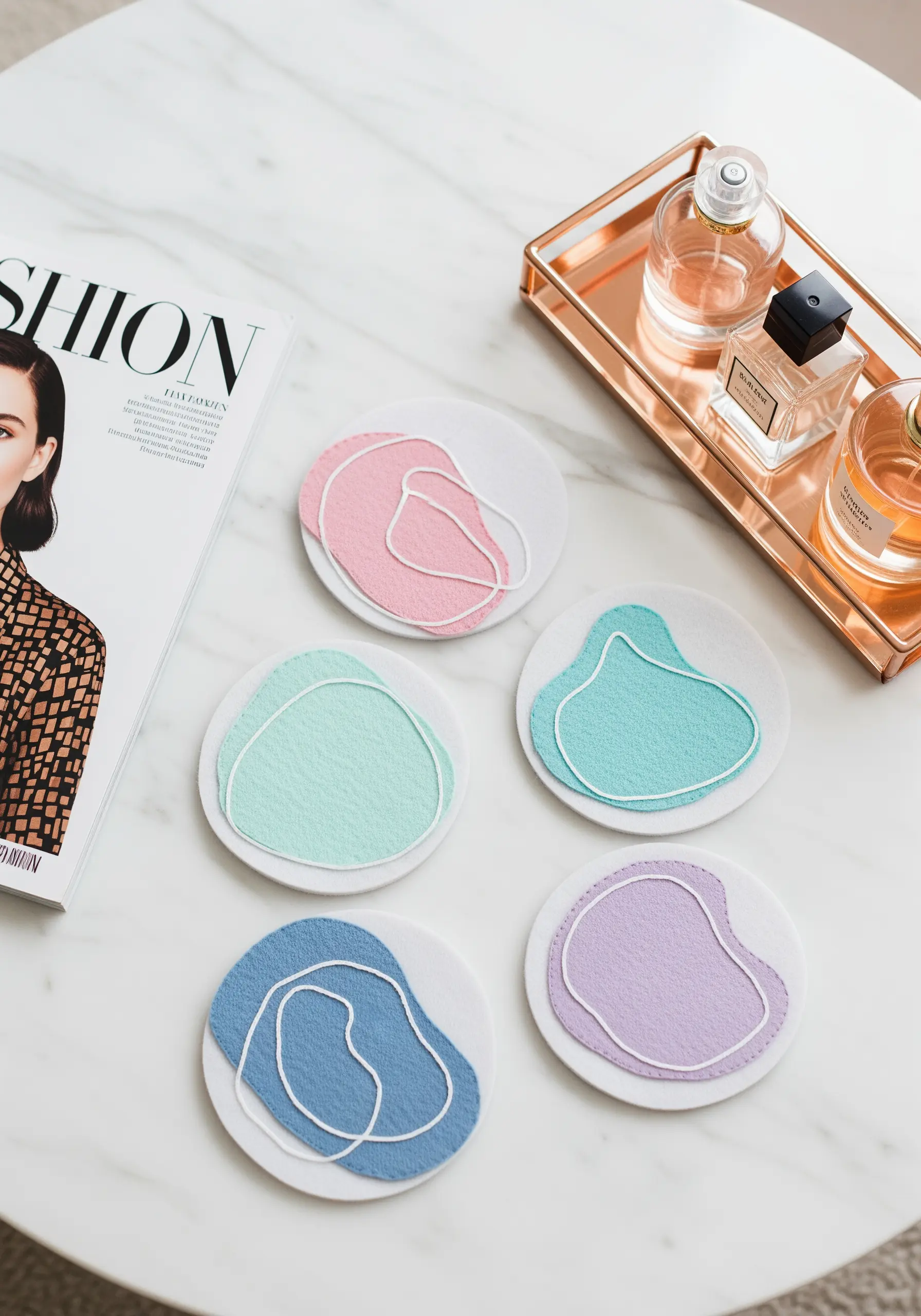 Abstract coasters with pastel felt appliqué and free-form contour embroidery.