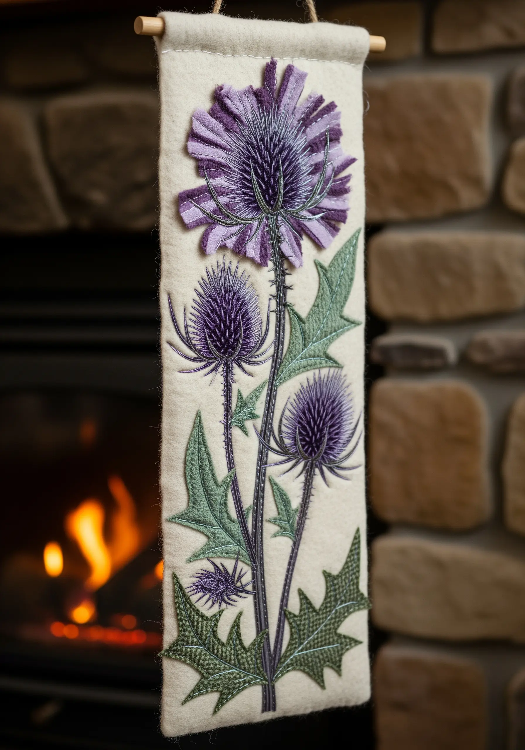A wall hanging with a Scottish thistle made from layered felt and detailed embroidery.