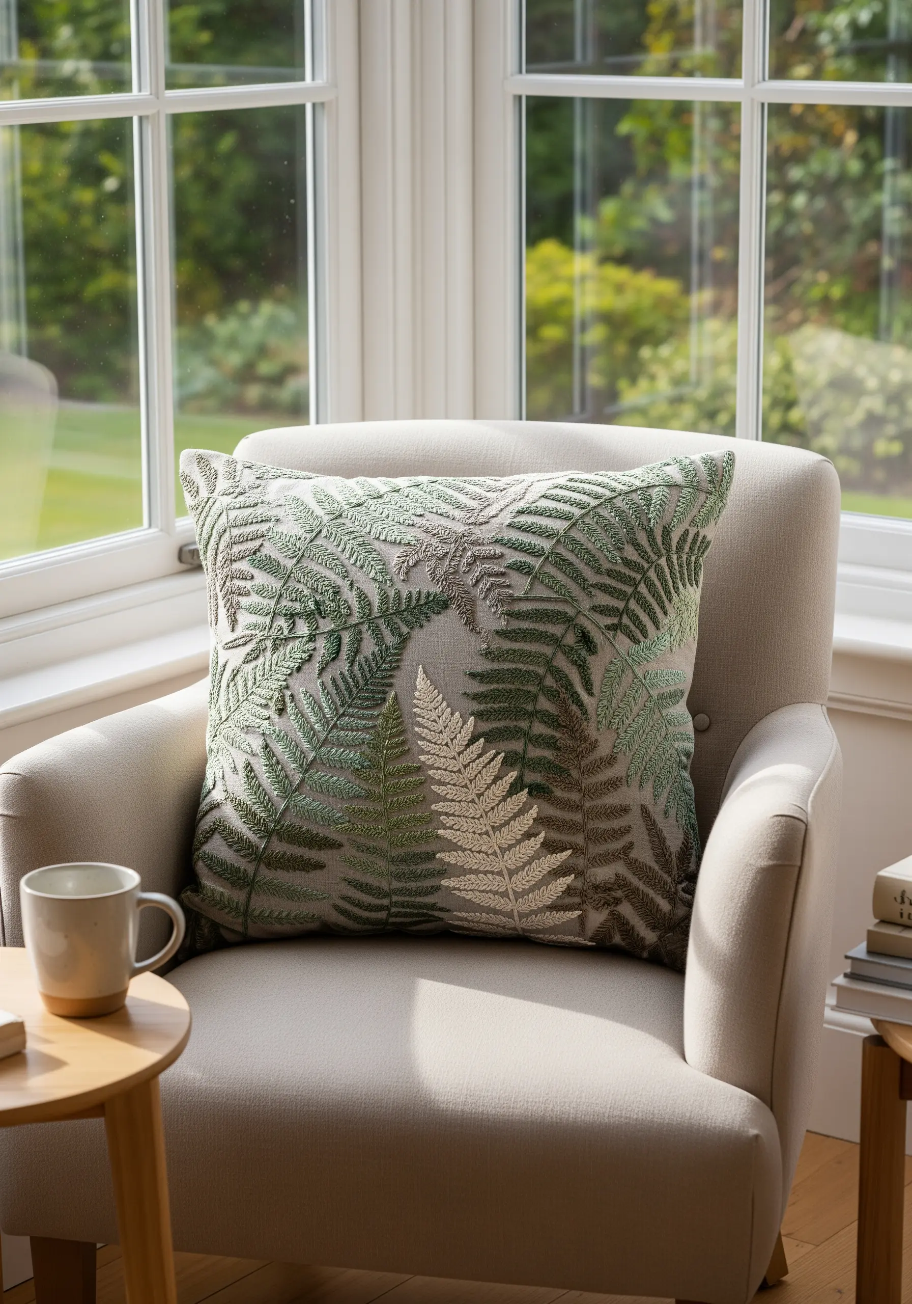 Close-up of embroidered fern leaves in shades of green and beige on a neutral linen cushion.