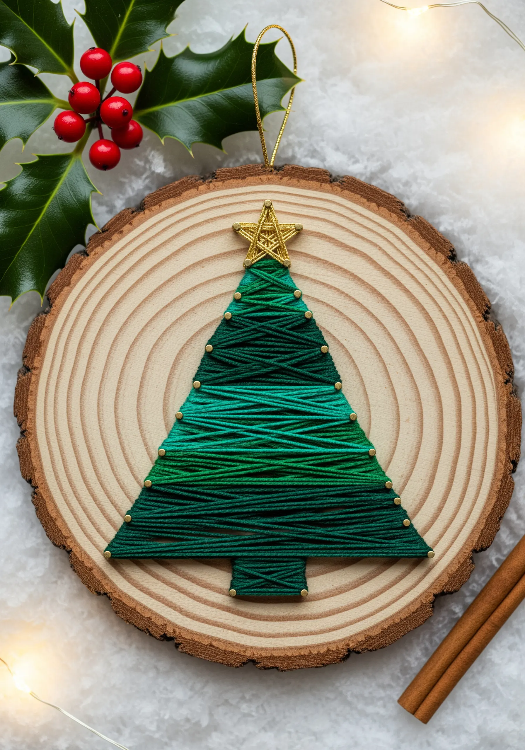 Green gradient string art Christmas tree on a rustic wood slice.