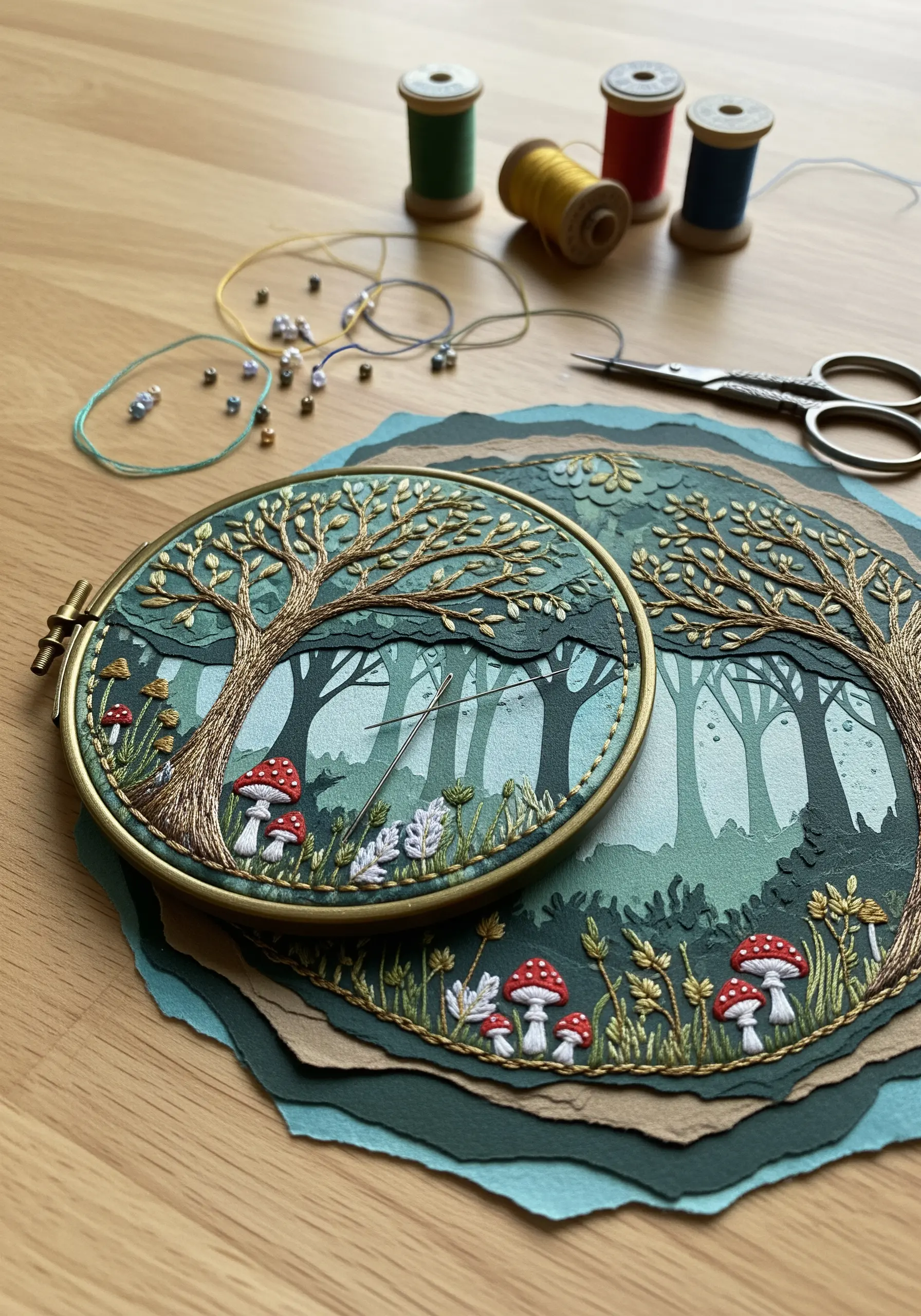 Embroidered forest scene in a hoop with layered fabric, gold thread trees, and 3D mushrooms.