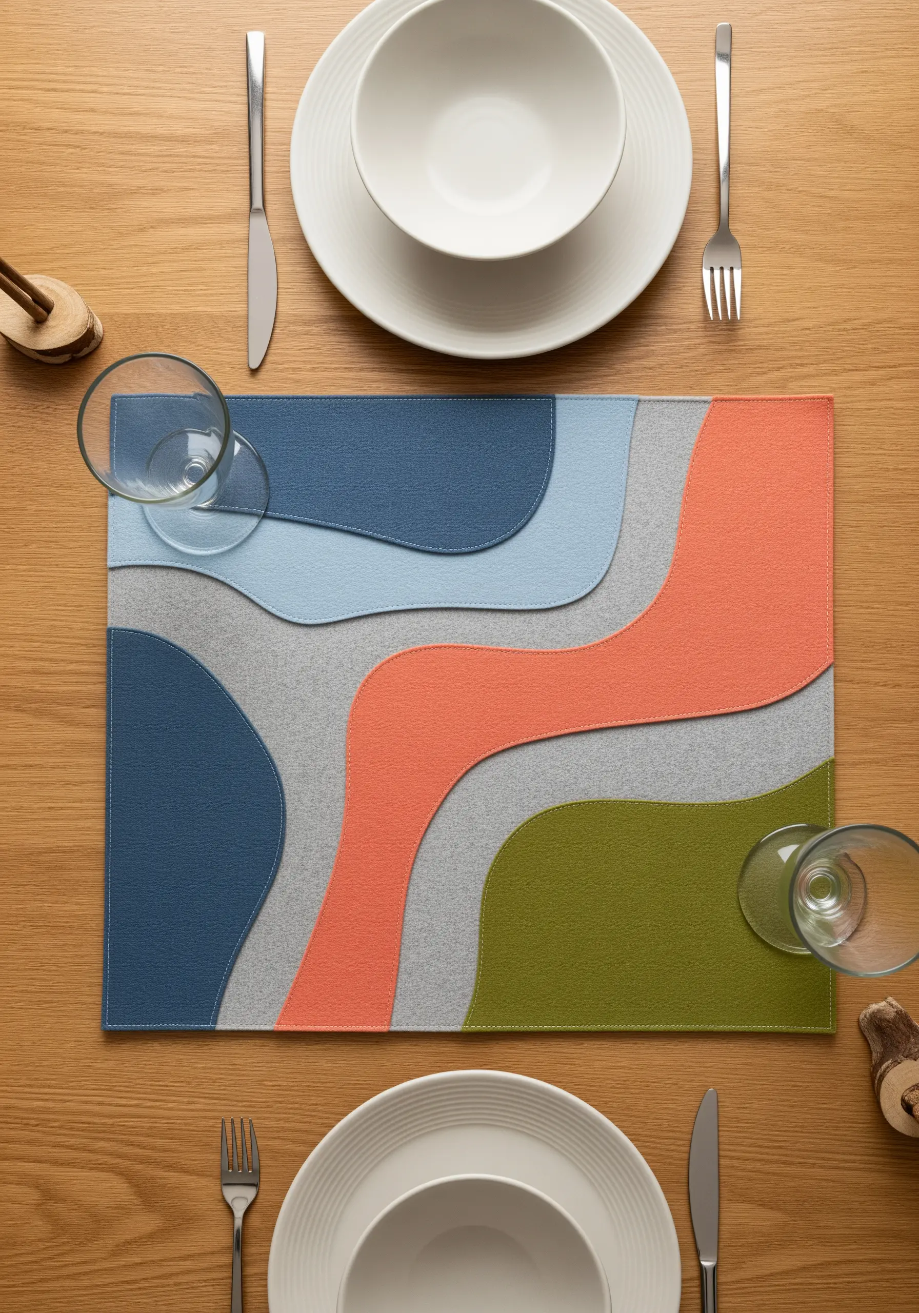 Placemat with layered, curved shapes of felt in blue, grey, orange, and green