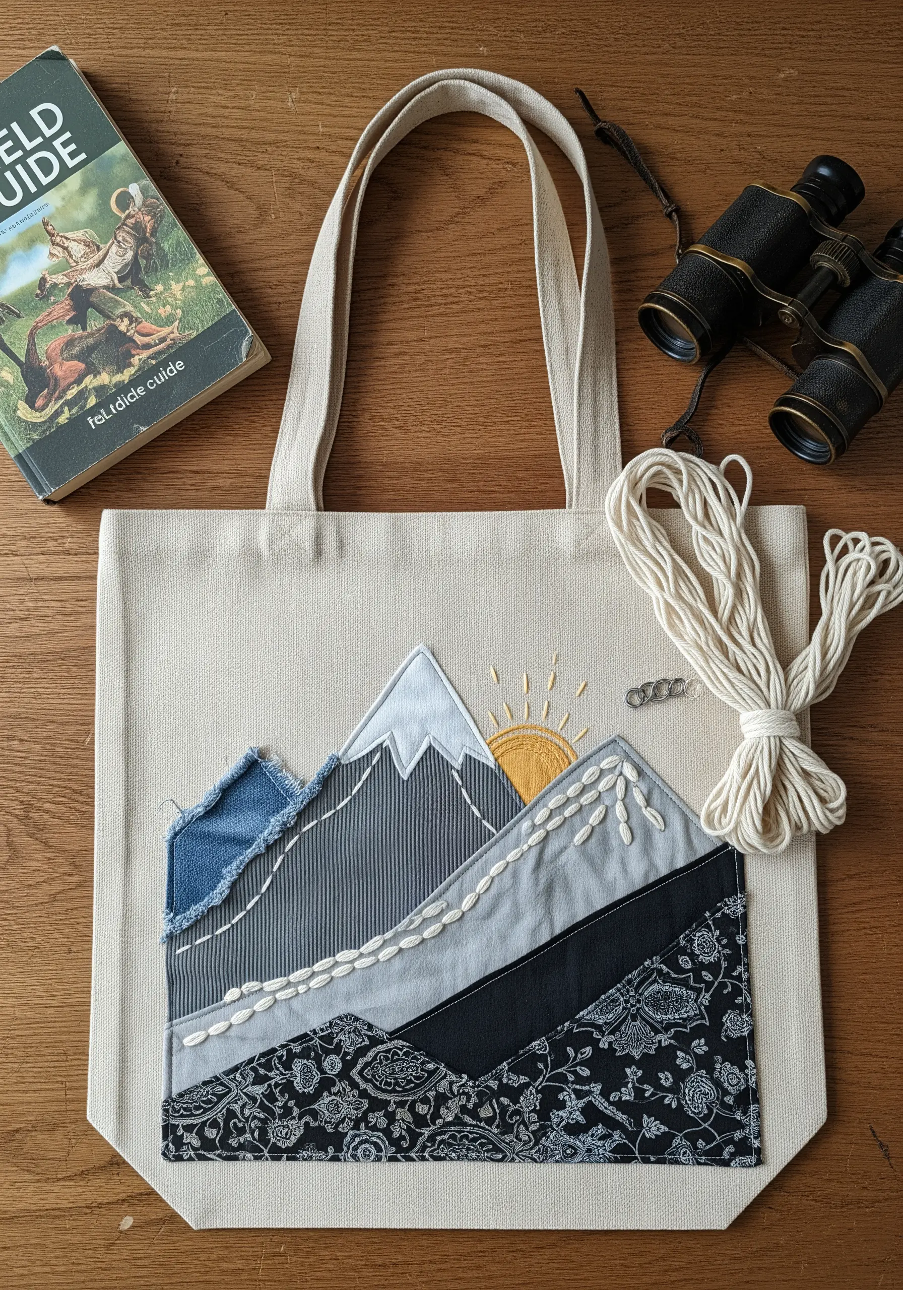 Mountain landscape appliqué on a tote bag using scrap denim and patterned fabrics.
