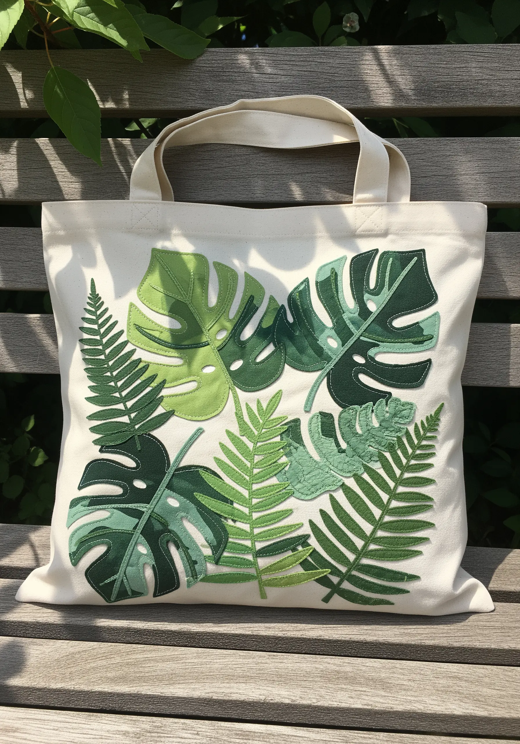 Canvas tote bag decorated with layered appliqué of various green tropical leaves.