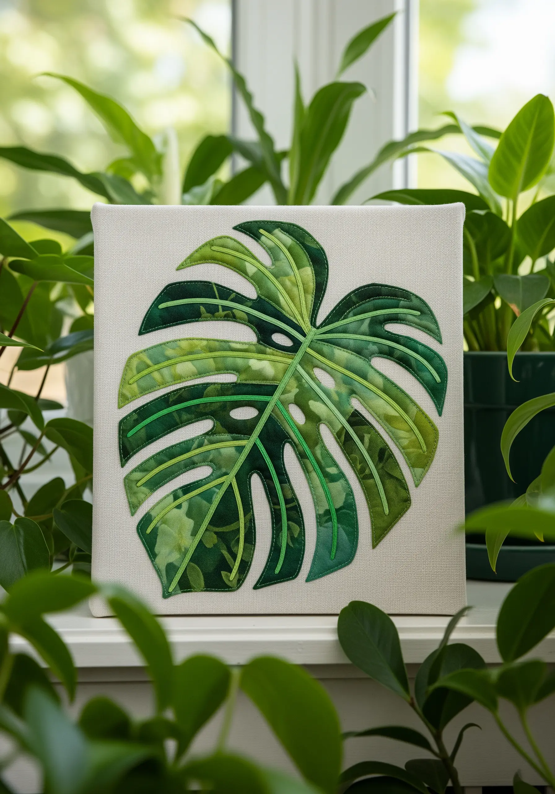 A layered fabric collage of a monstera leaf with stitched details creating depth.
