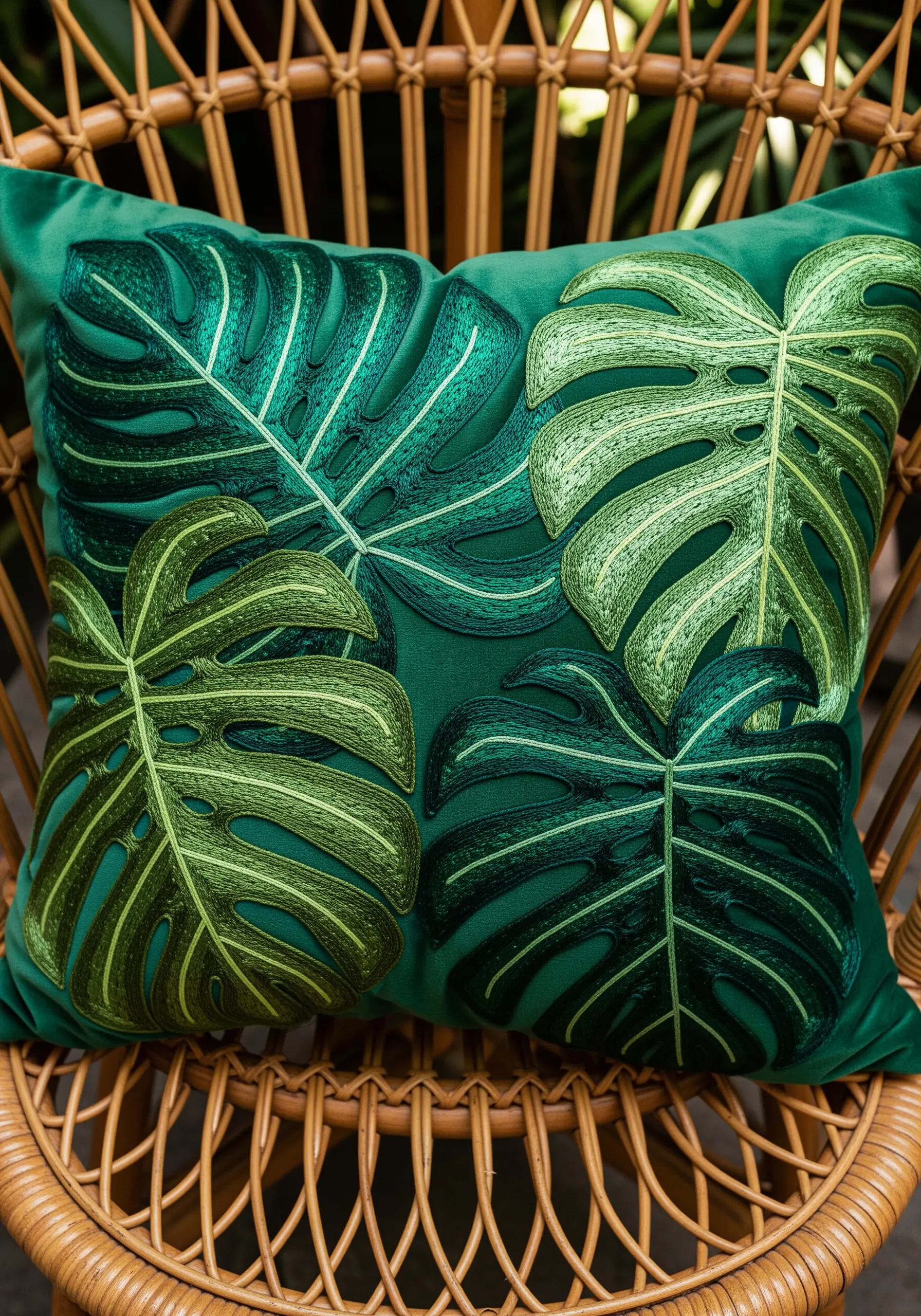 Overlapping embroidered monstera leaves in various greens on a velvet cushion.