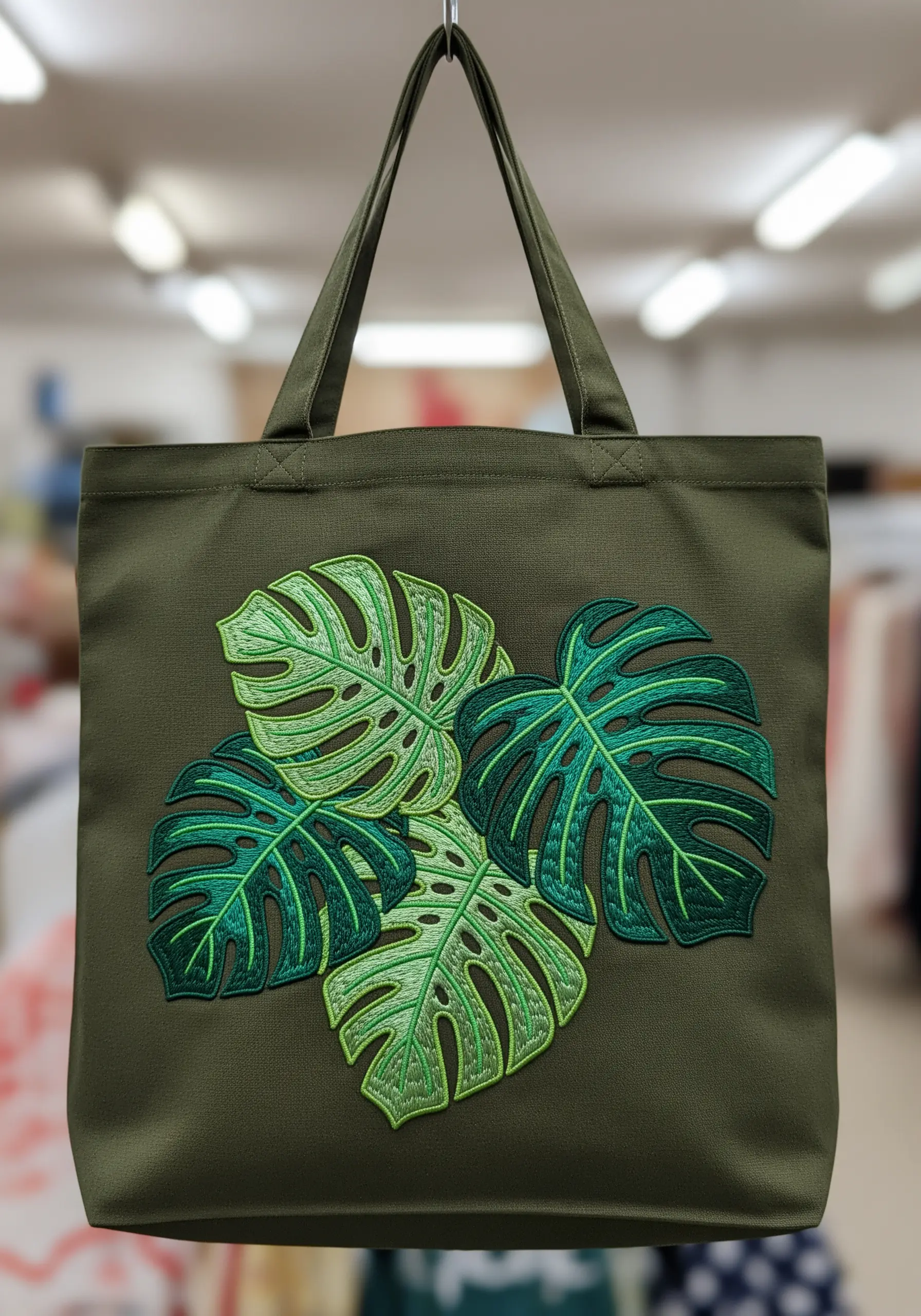 Four embroidered monstera leaves with varying greens and bold outlines on a dark tote.