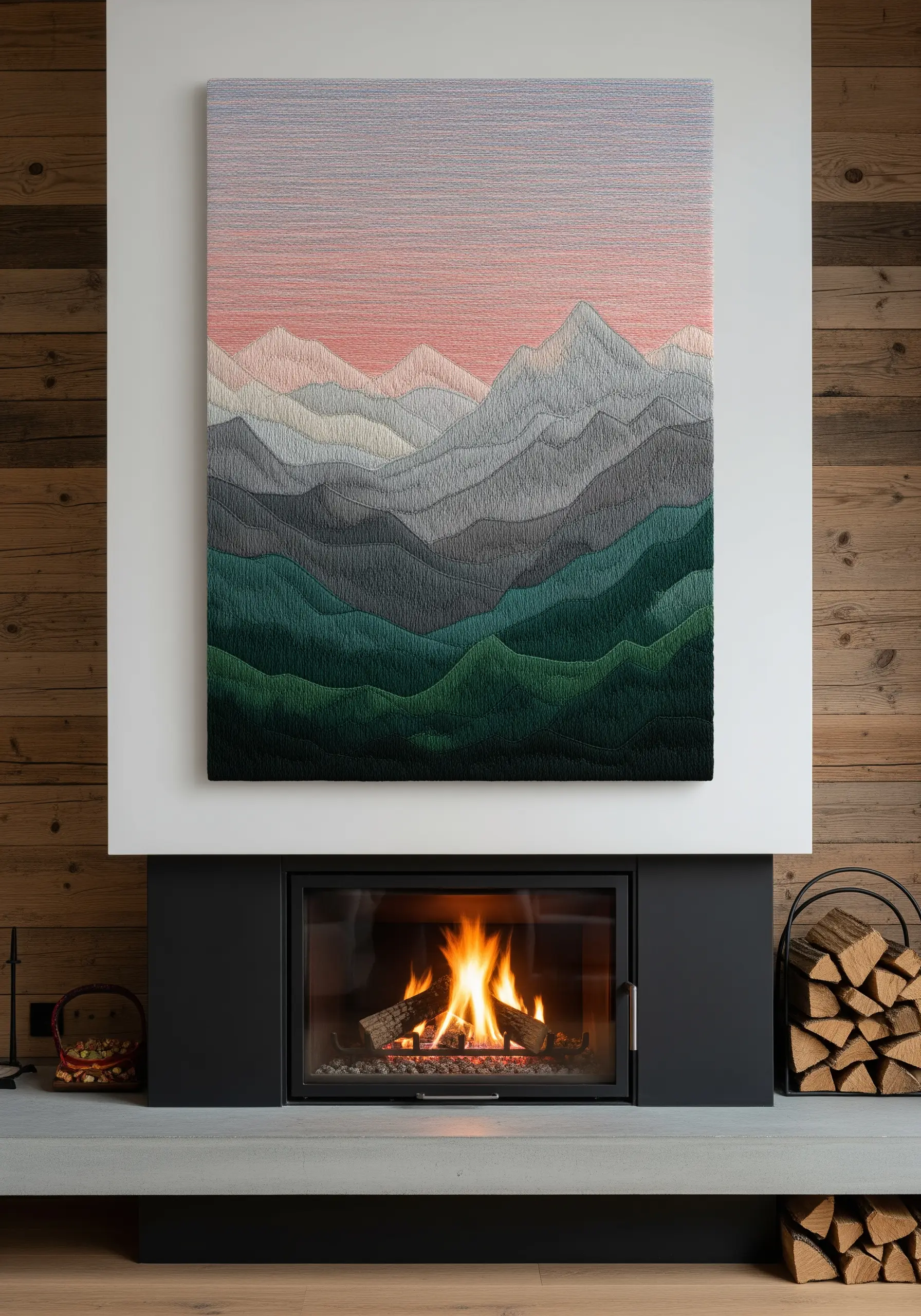 An embroidered tapestry of layered mountains in a gradient from green foothills to pink peaks.