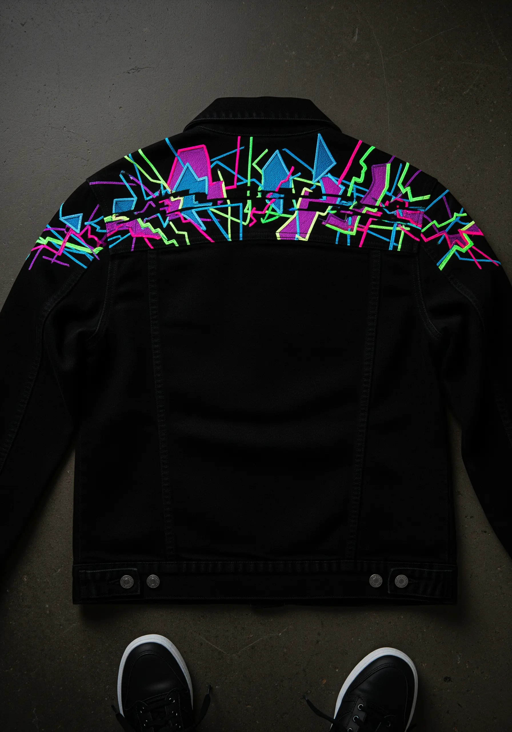 Abstract neon geometric shapes embroidered across the back of a black denim jacket.