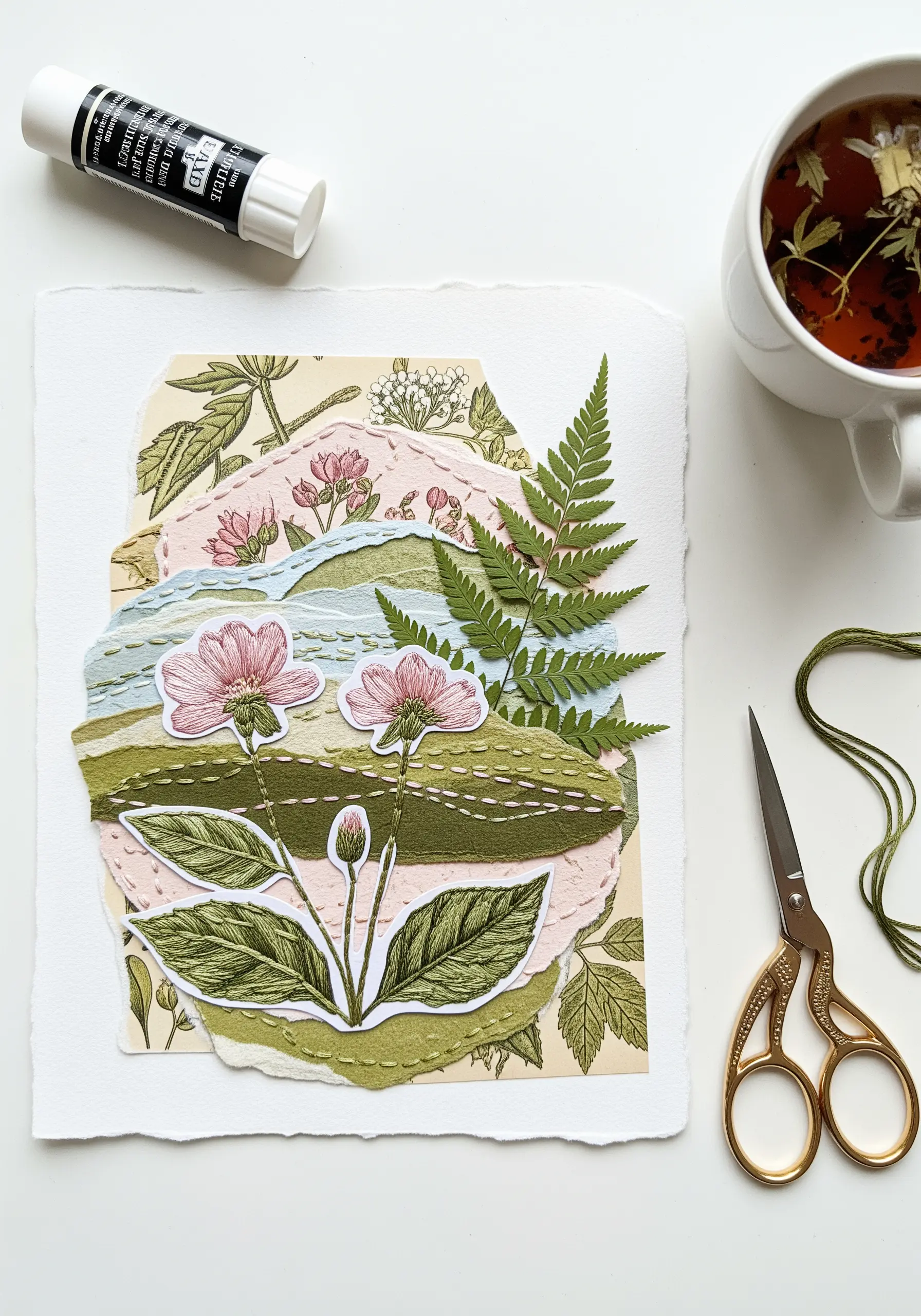 A botanical collage of torn paper and a pressed fern, unified with a hand-stitched running stitch.