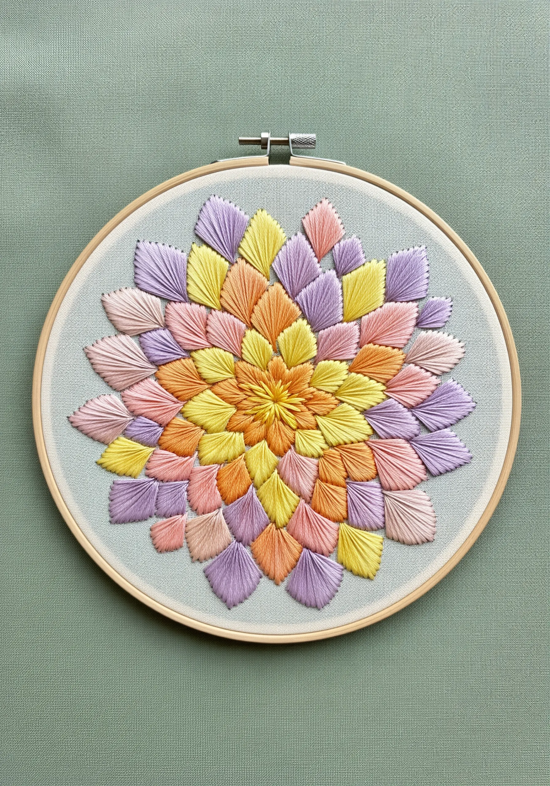 A floral mandala made of layered, pointed petals in pastel shades of yellow, orange, and purple.