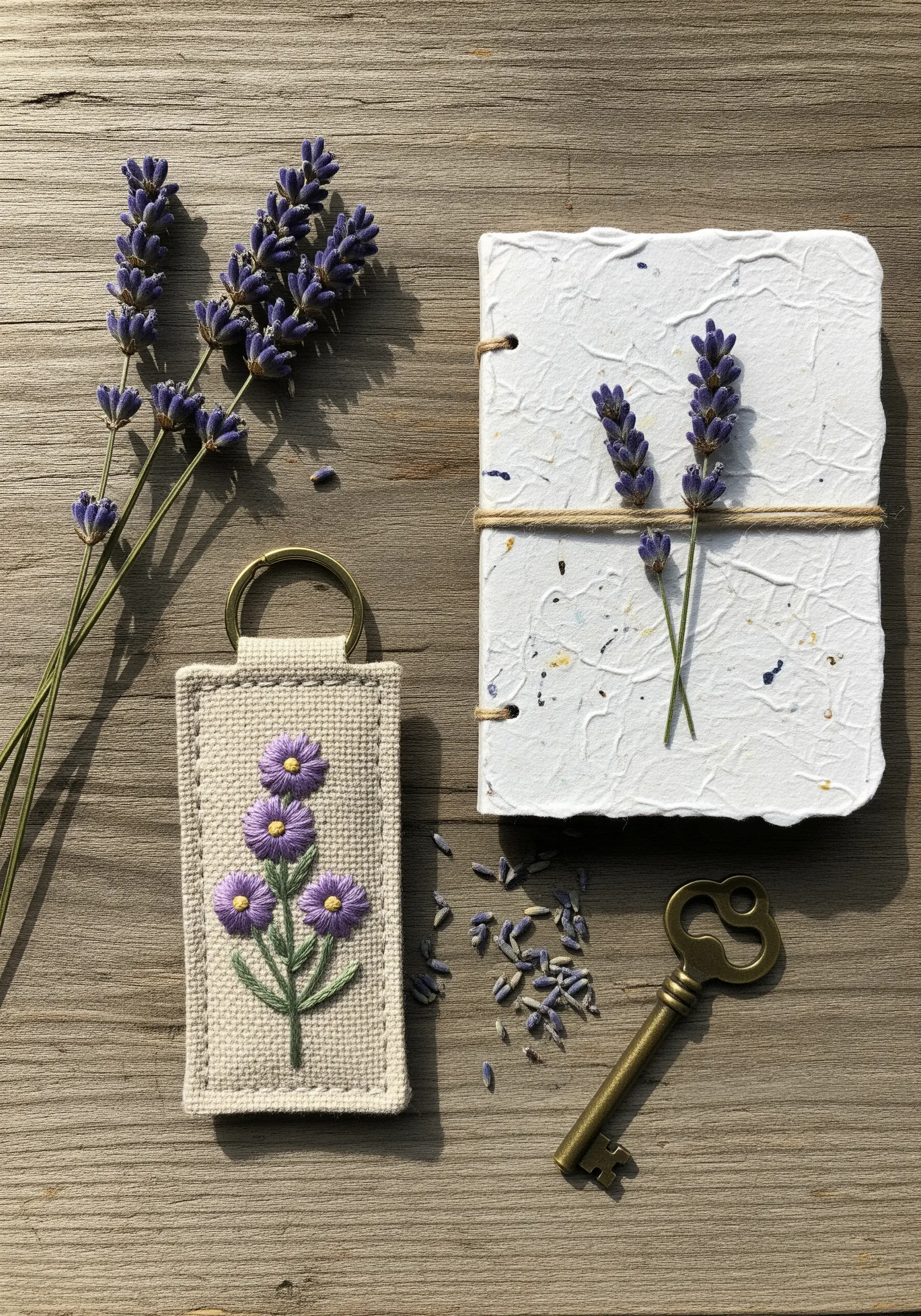 Embroidered purple lavender flowers with green stems on a cream fabric keychain
