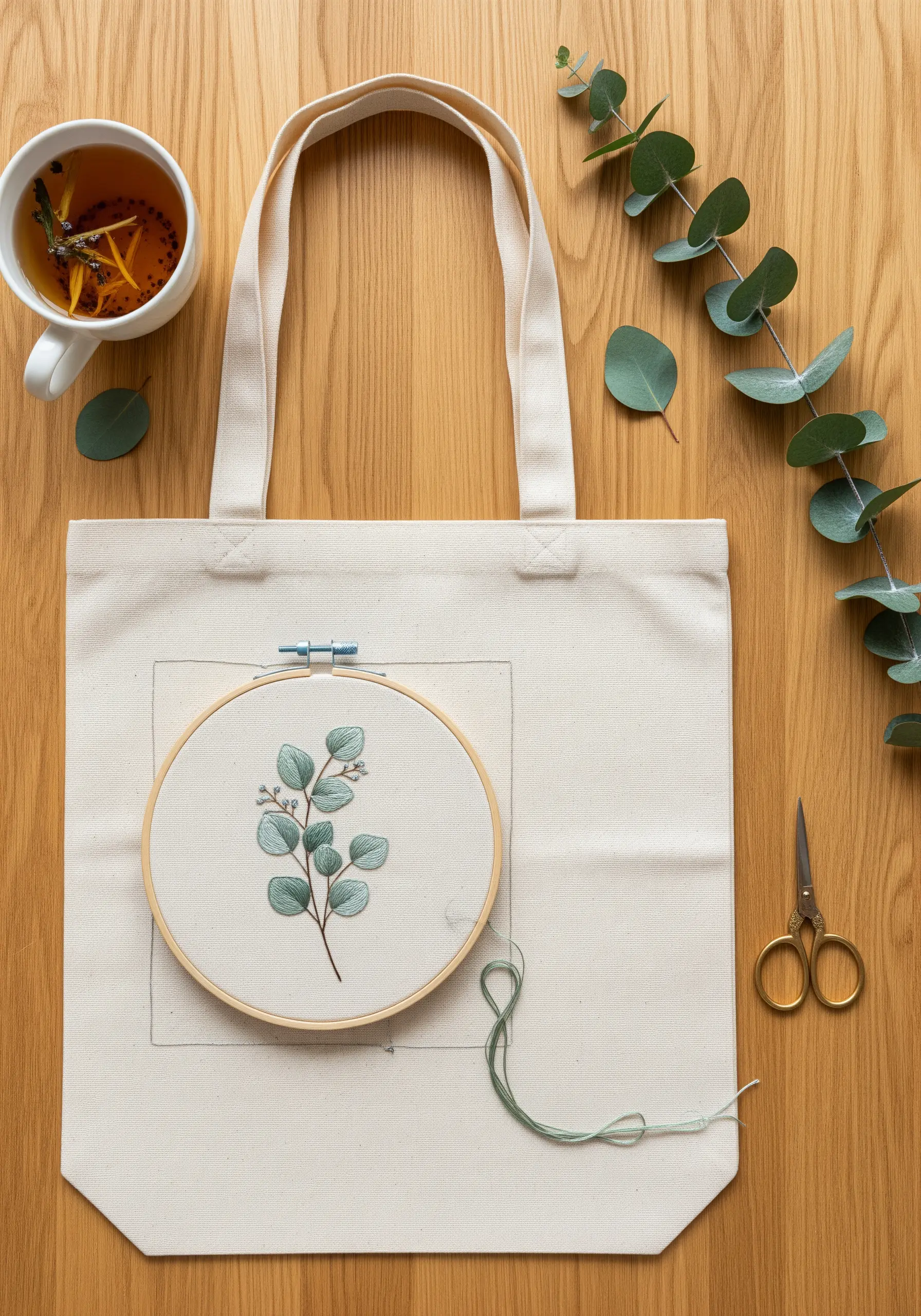 Detailed eucalyptus branch embroidered on a canvas tote bag with subtle color gradients.
