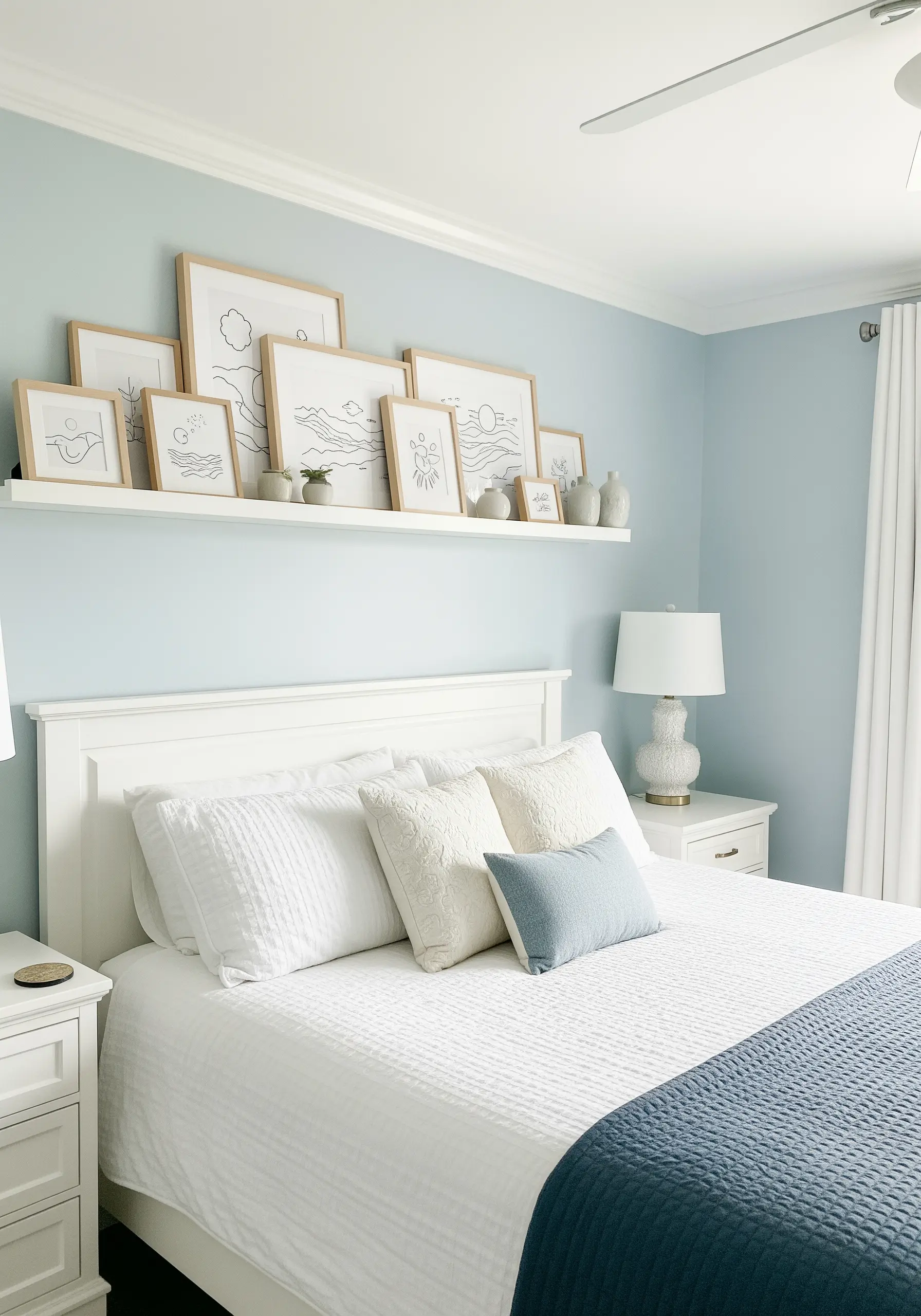 Wooden shelf with layered framed embroidery landscapes in neutral tones