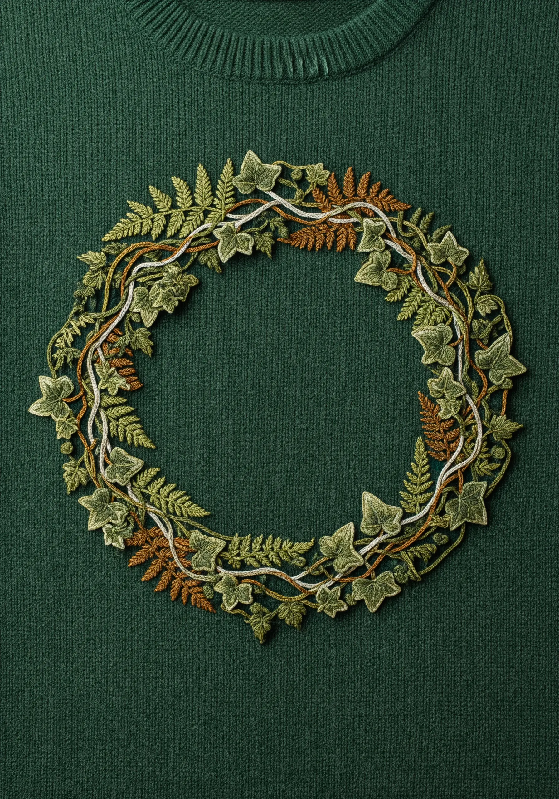 An intricate, textured wreath of embroidered ivy and ferns on a dark green sweater.
