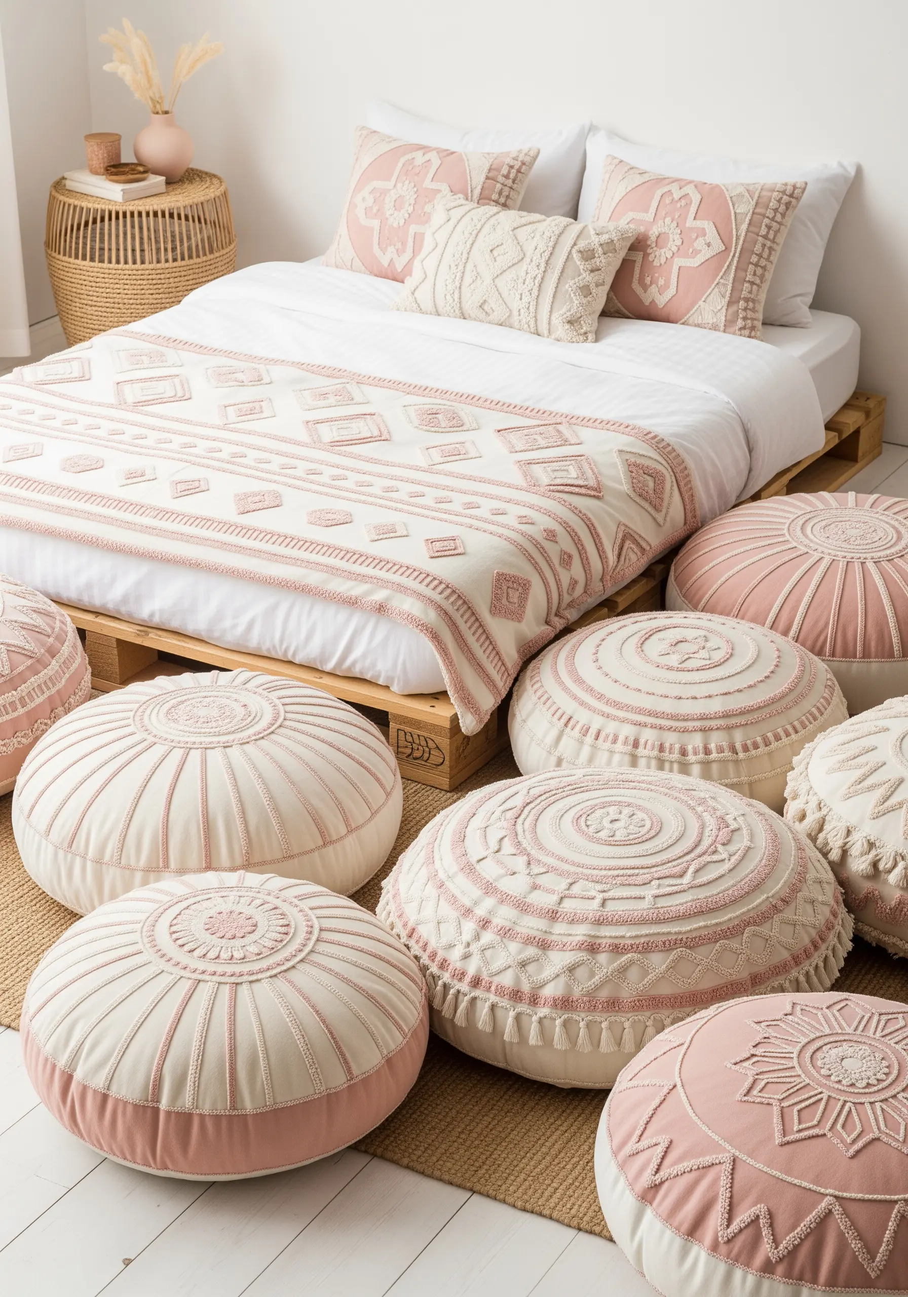 A bed and floor cushions decorated in pink and white with various raised embroidery textures.