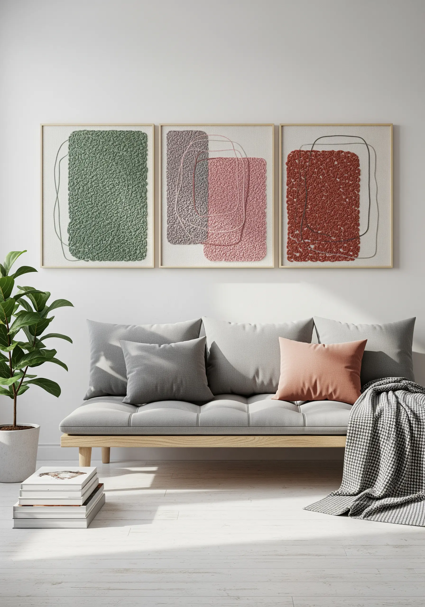 Triptych of abstract shapes filled with green, pink, and red French knots.