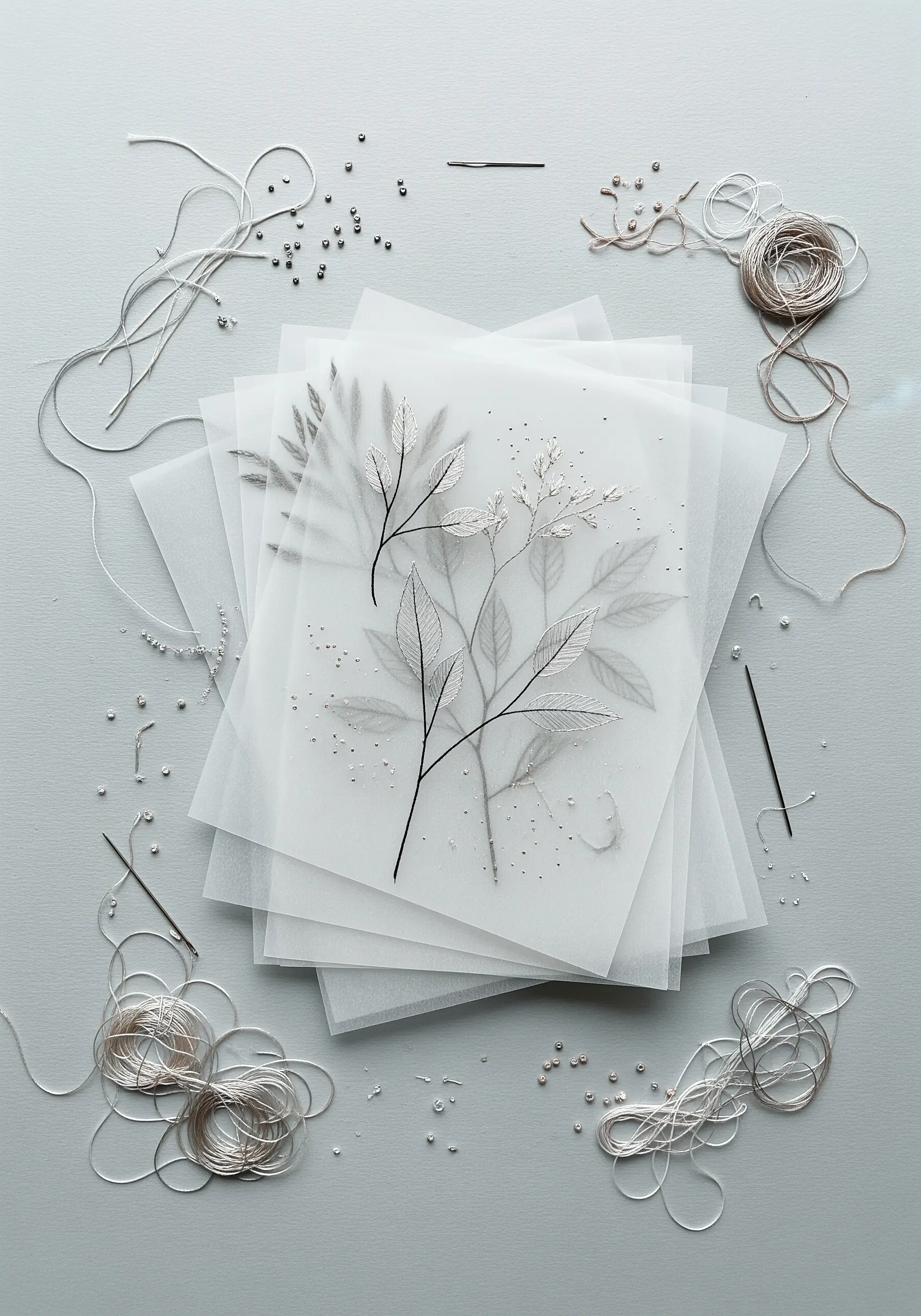 Delicate silver thread embroidered in a botanical pattern on stacked sheets of translucent vellum.