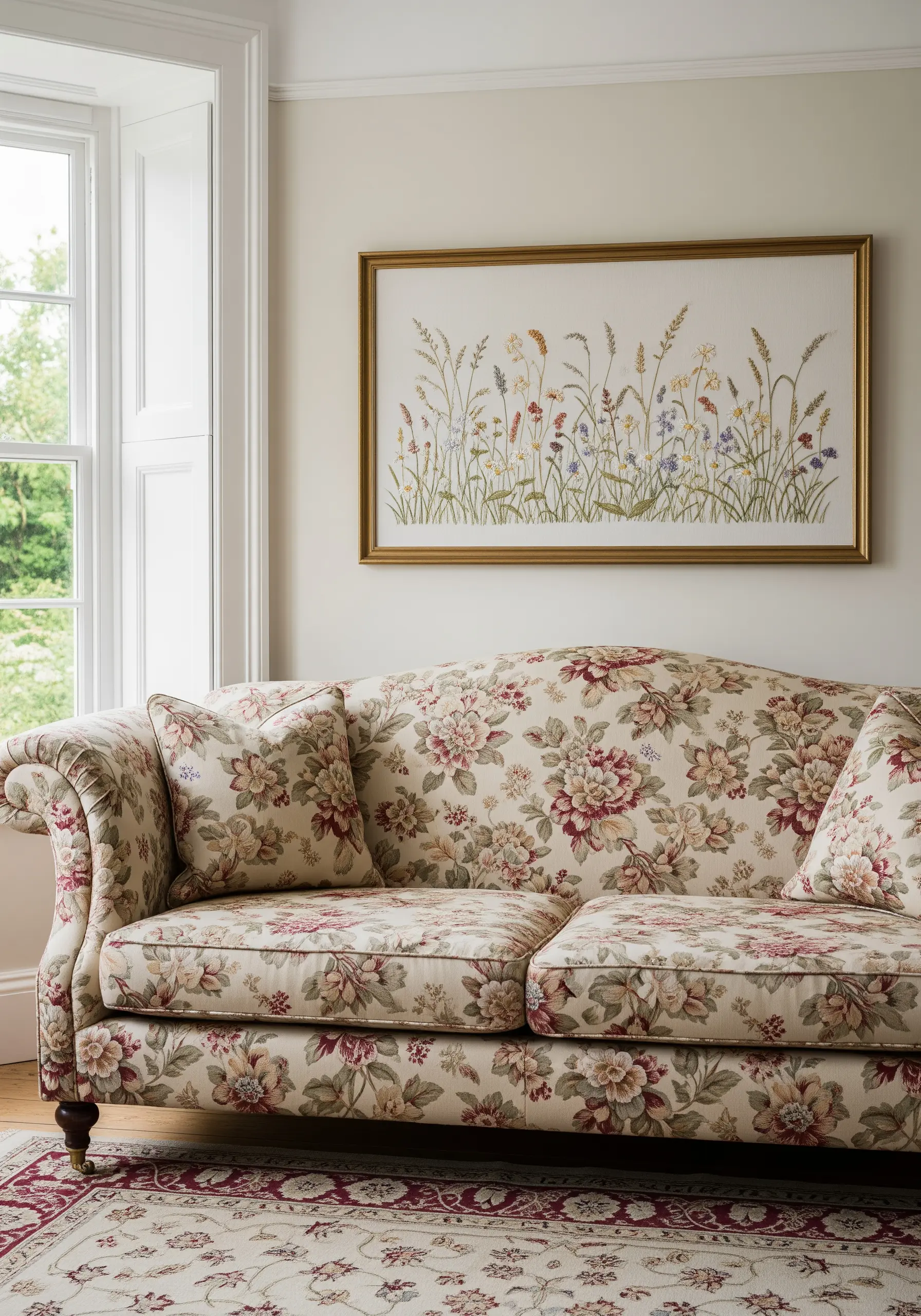 A panoramic embroidery of a field of delicate and varied wildflowers.