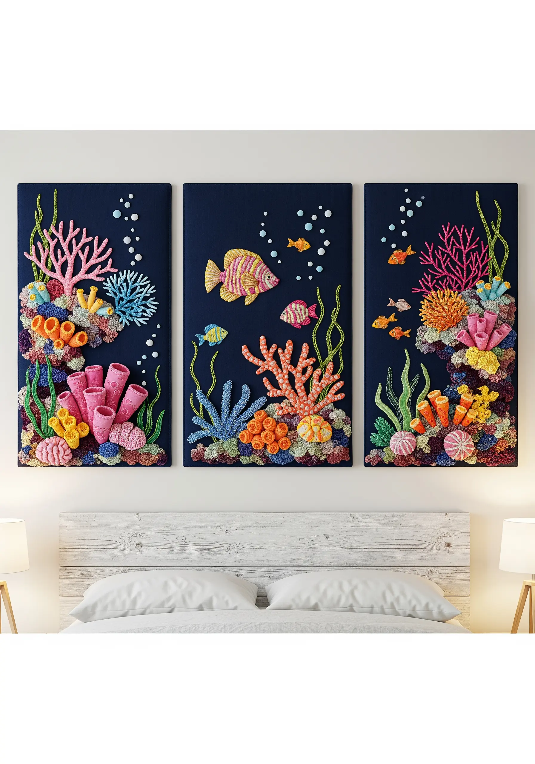 A three-panel embroidery of a colorful coral reef with fish on a dark navy background.