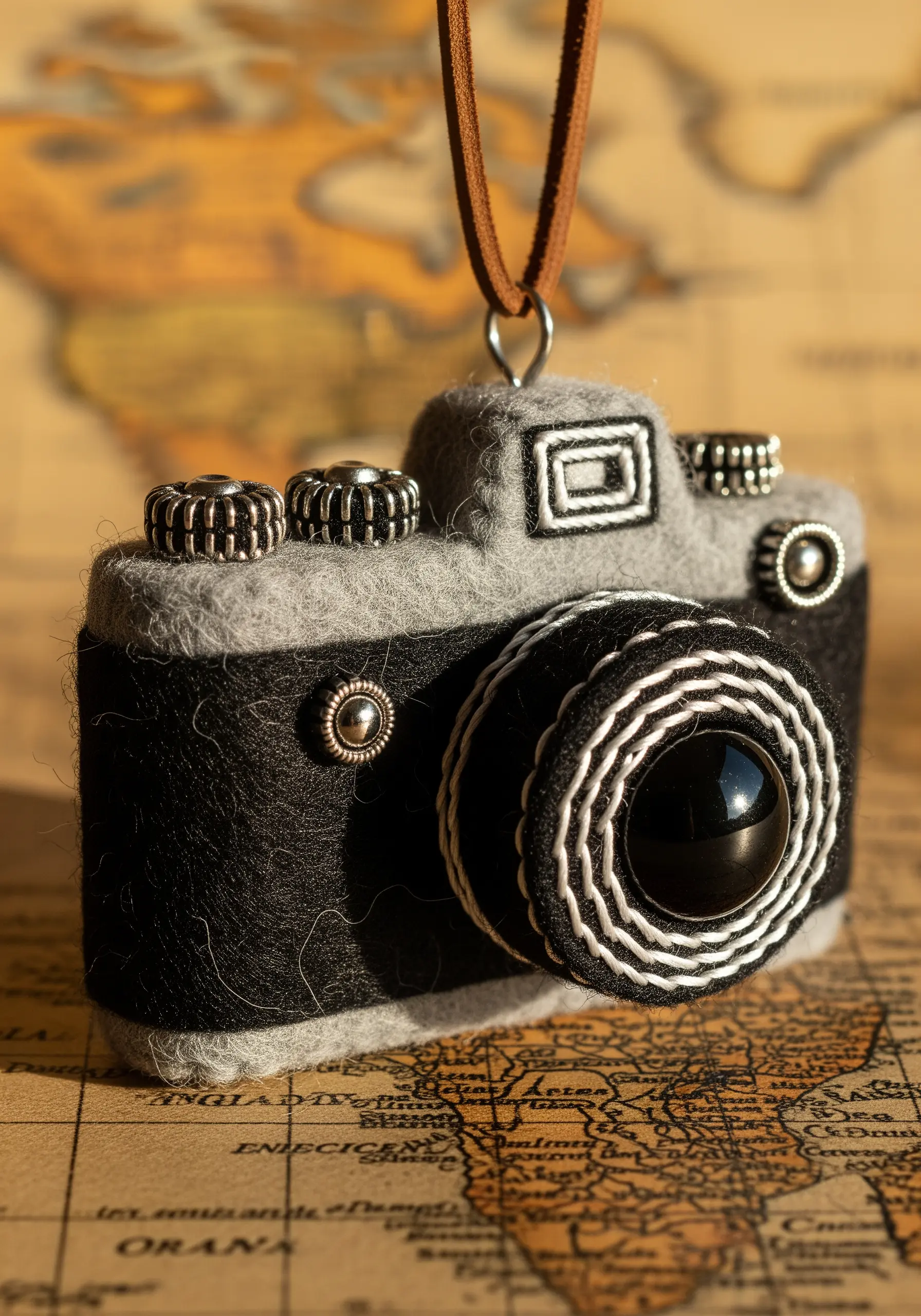A miniature vintage camera made from layered black and grey felt with stitched details.