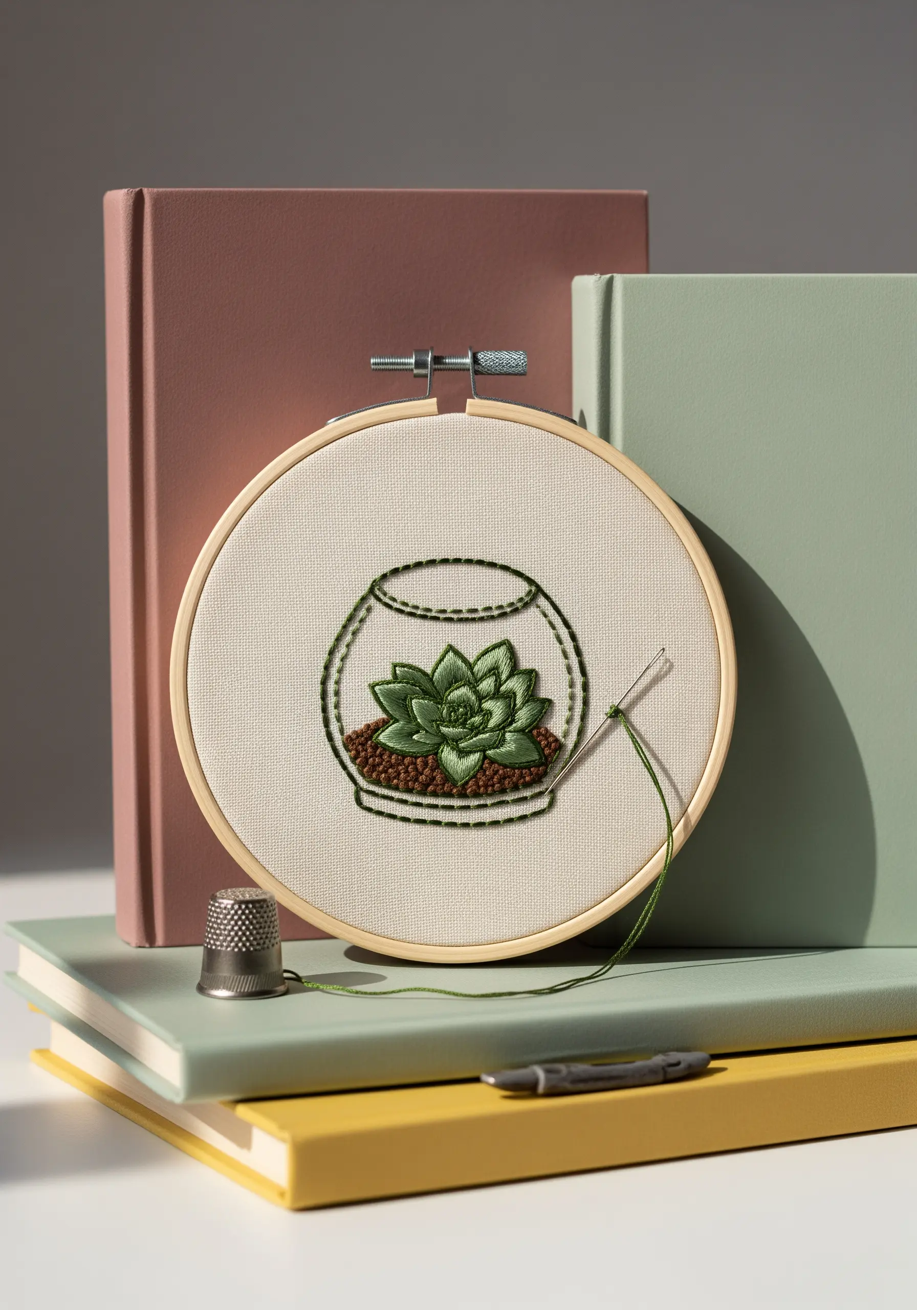 Embroidered succulent in a glass terrarium, layering stitches to create visual depth.