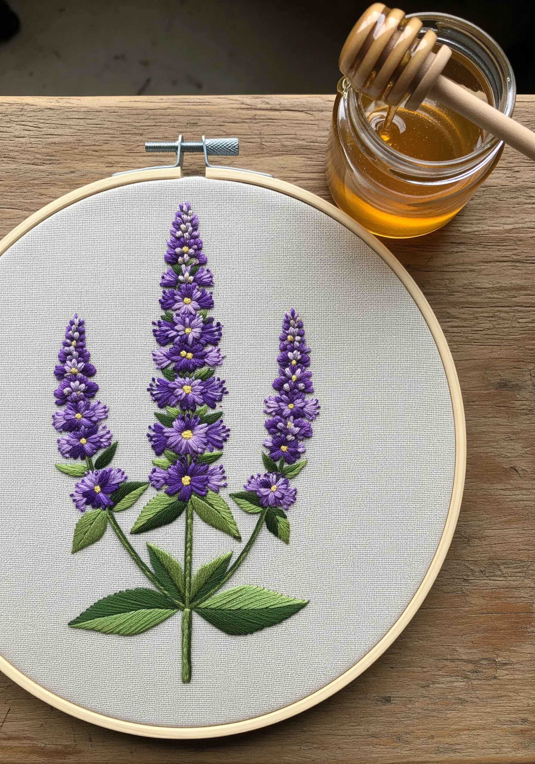 Embroidered Anise Hyssop with purple lazy daisy flowers and green fishbone stitch leaves.