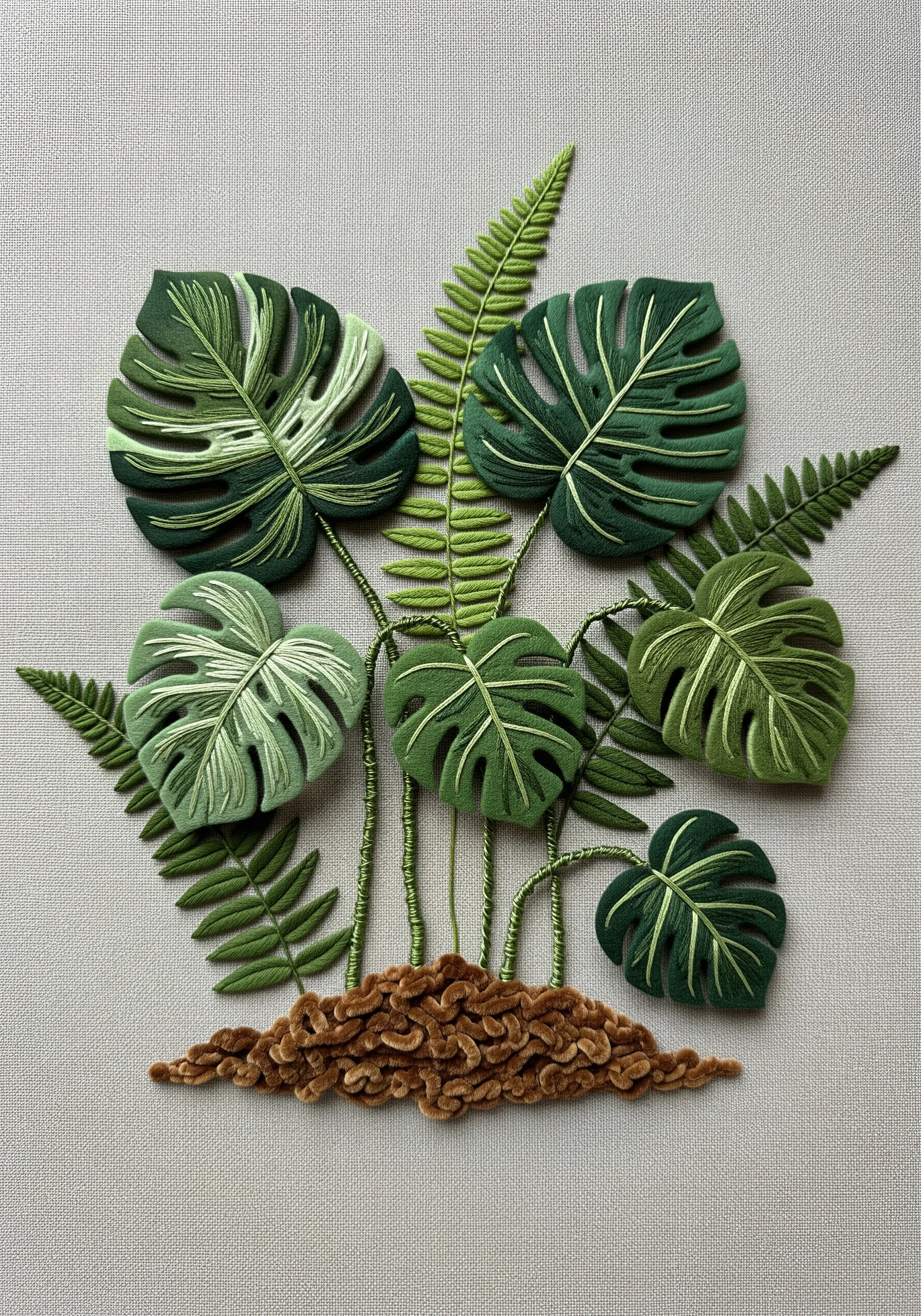 Embroidered monstera and fern leaves with layered satin stitch and French knot soil.