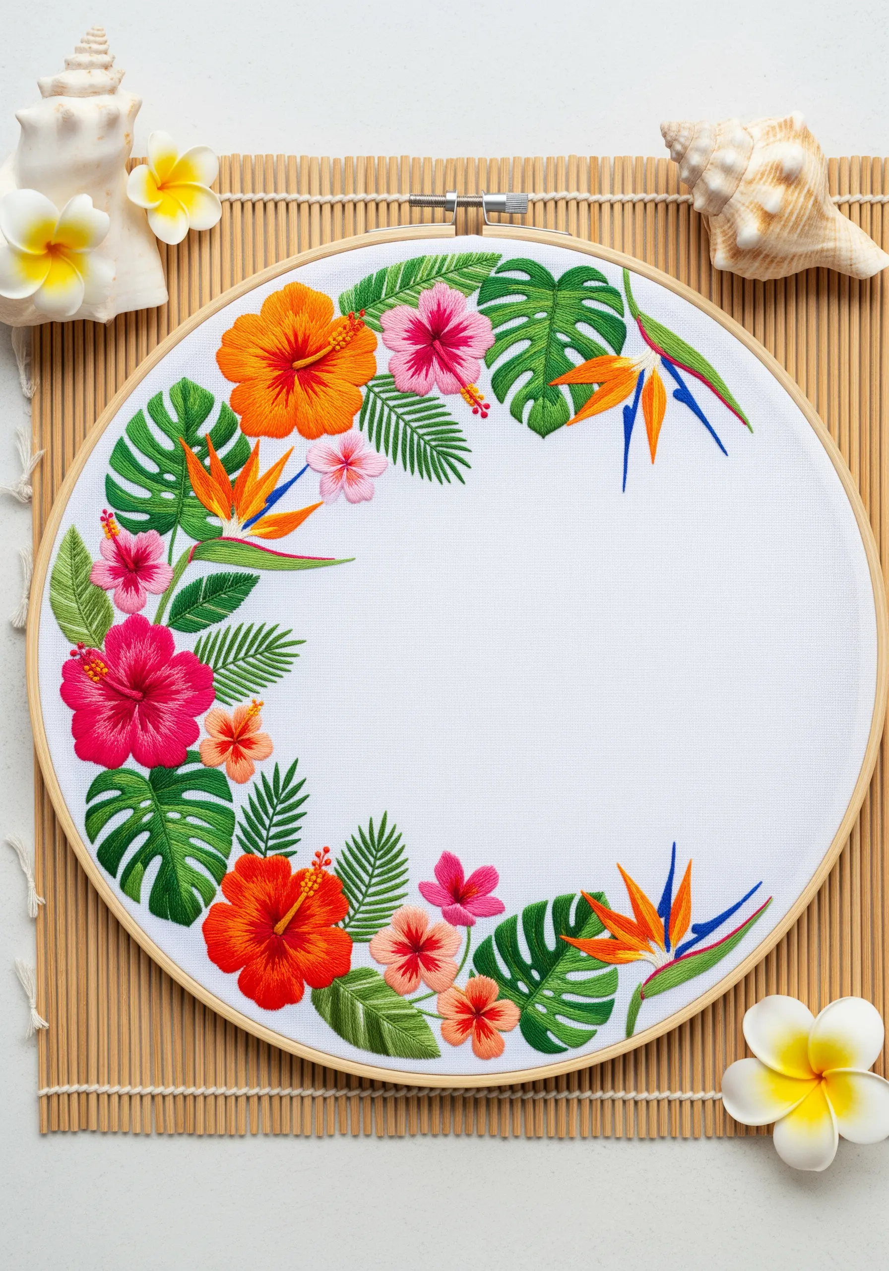 Embroidered tropical floral frame with vibrant hibiscus flowers and green monstera leaves.