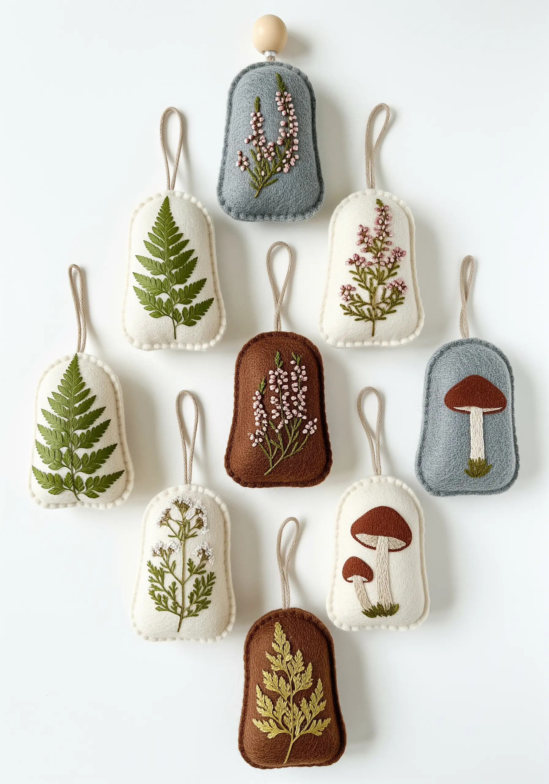 A collection of handmade felt ornaments embroidered with various botanical and mushroom designs.